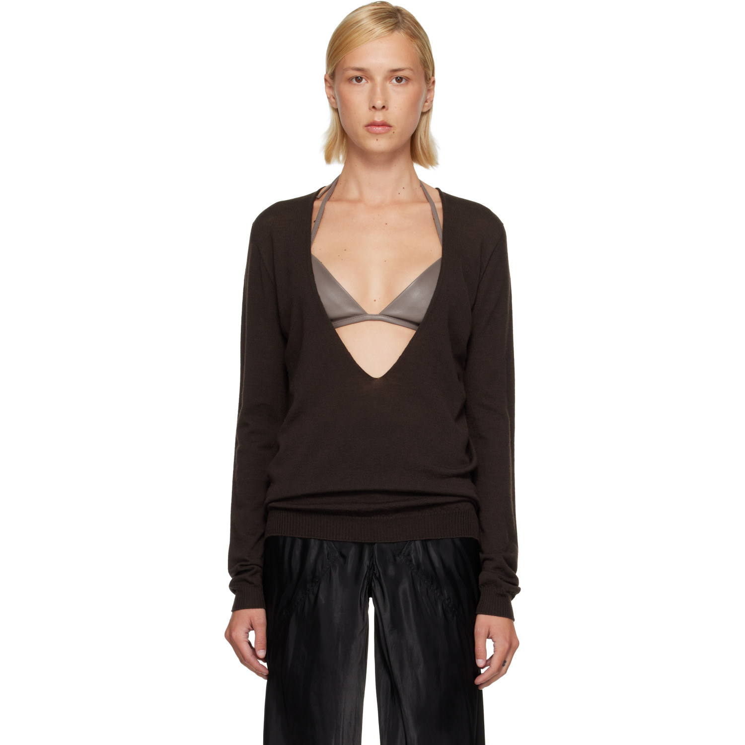 Rick Owens Brown Tower Extreme V-Neck Sweater