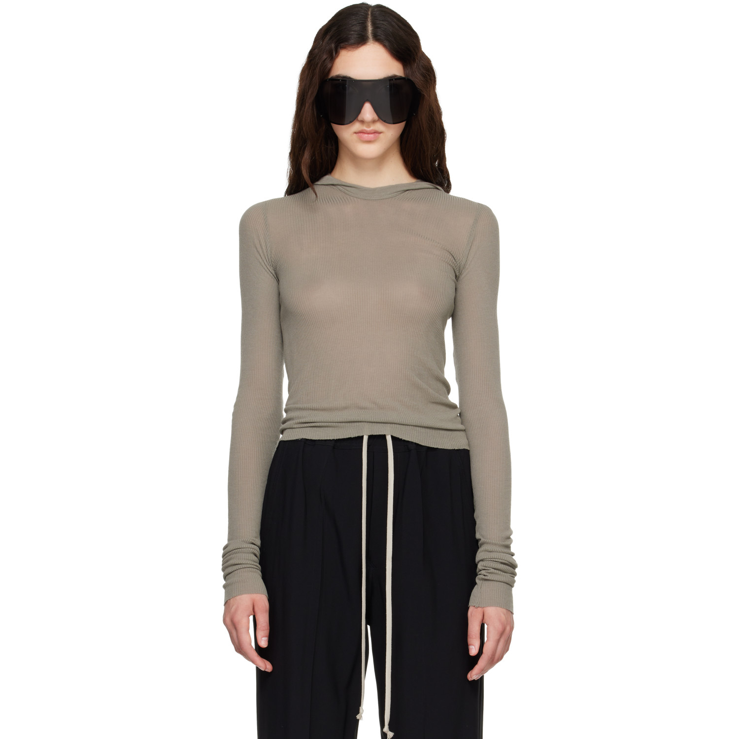 Rick Owens Taupe Tower Cropped Hooded Rib LS T-shirt