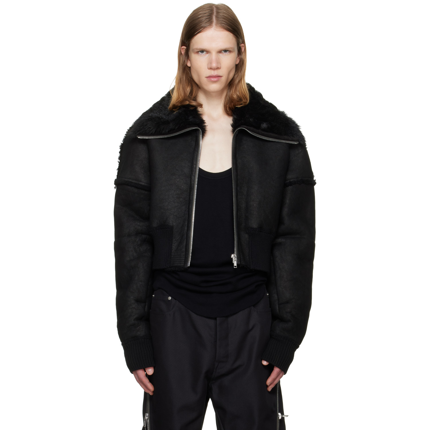 Rick Owens Black Tower Flight Cropped Leather Jacket