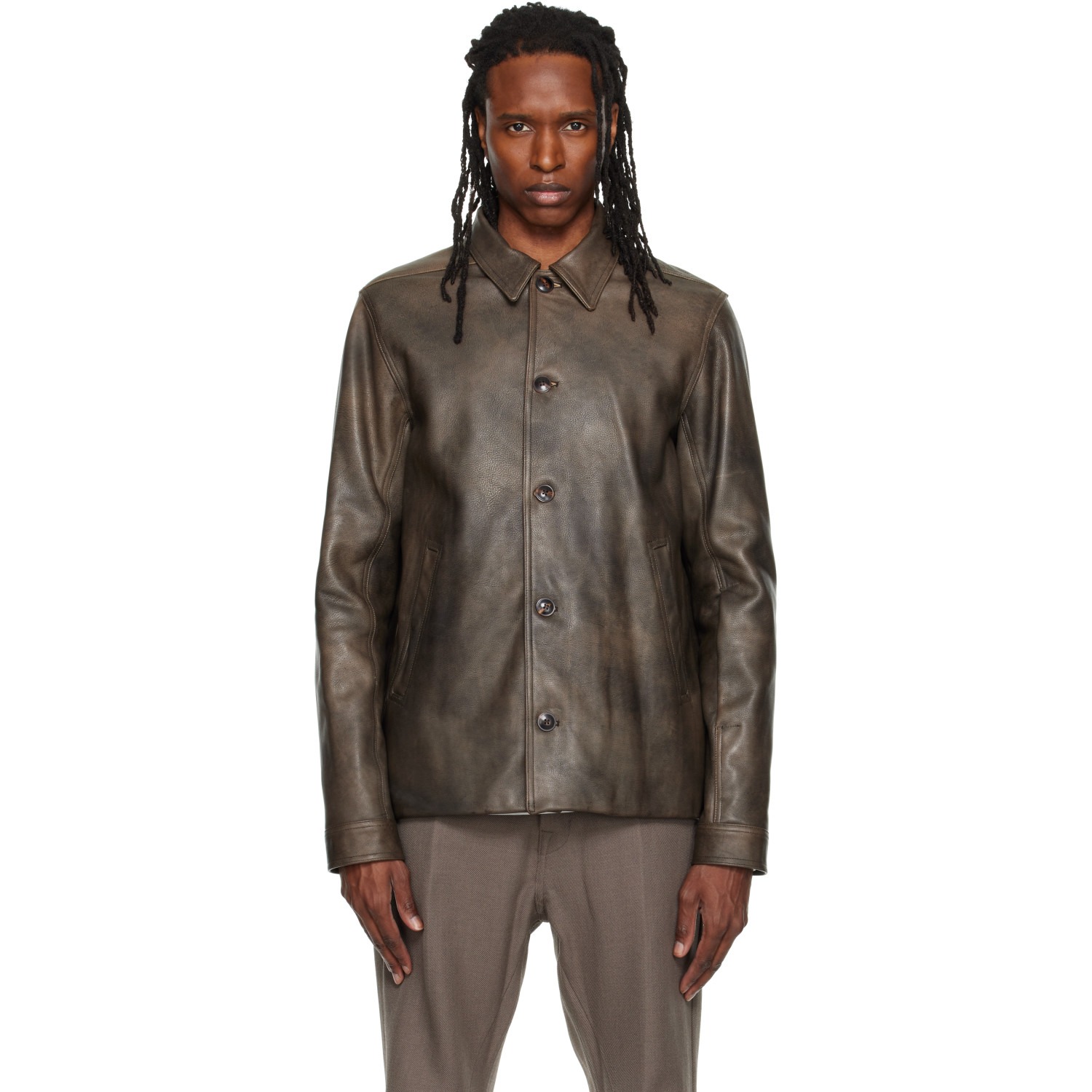 Rick Owens Brown Buttoned Brad Leather Jacket