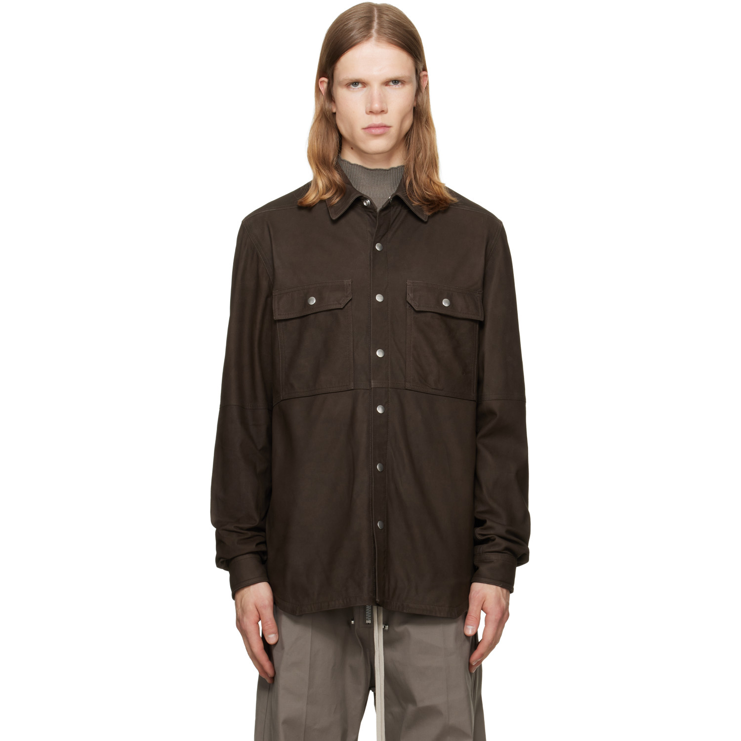 Rick Owens Brown Tower Leather Overshirt