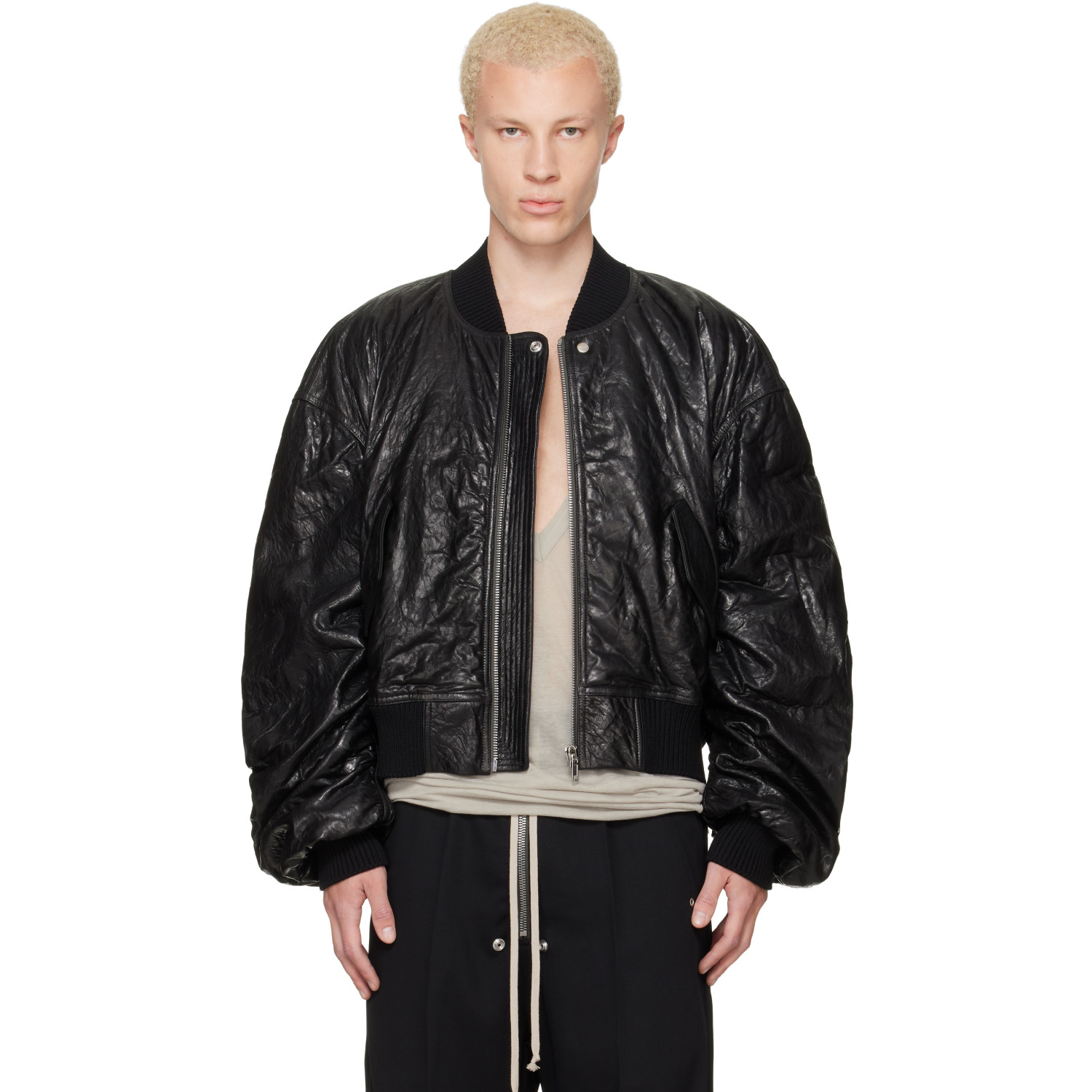Rick Owens Black Tower Secchia Flight Leather Bomber Jacket