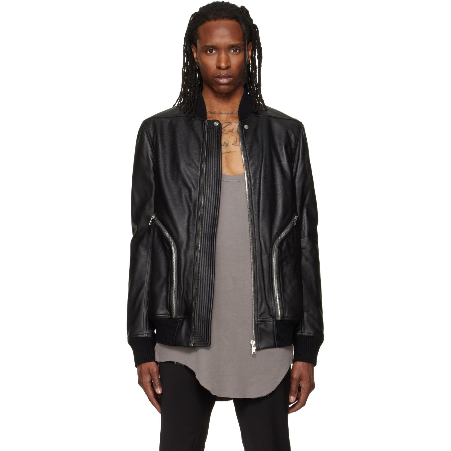 Rick Owens Black Heizer Leather Flight Jacket