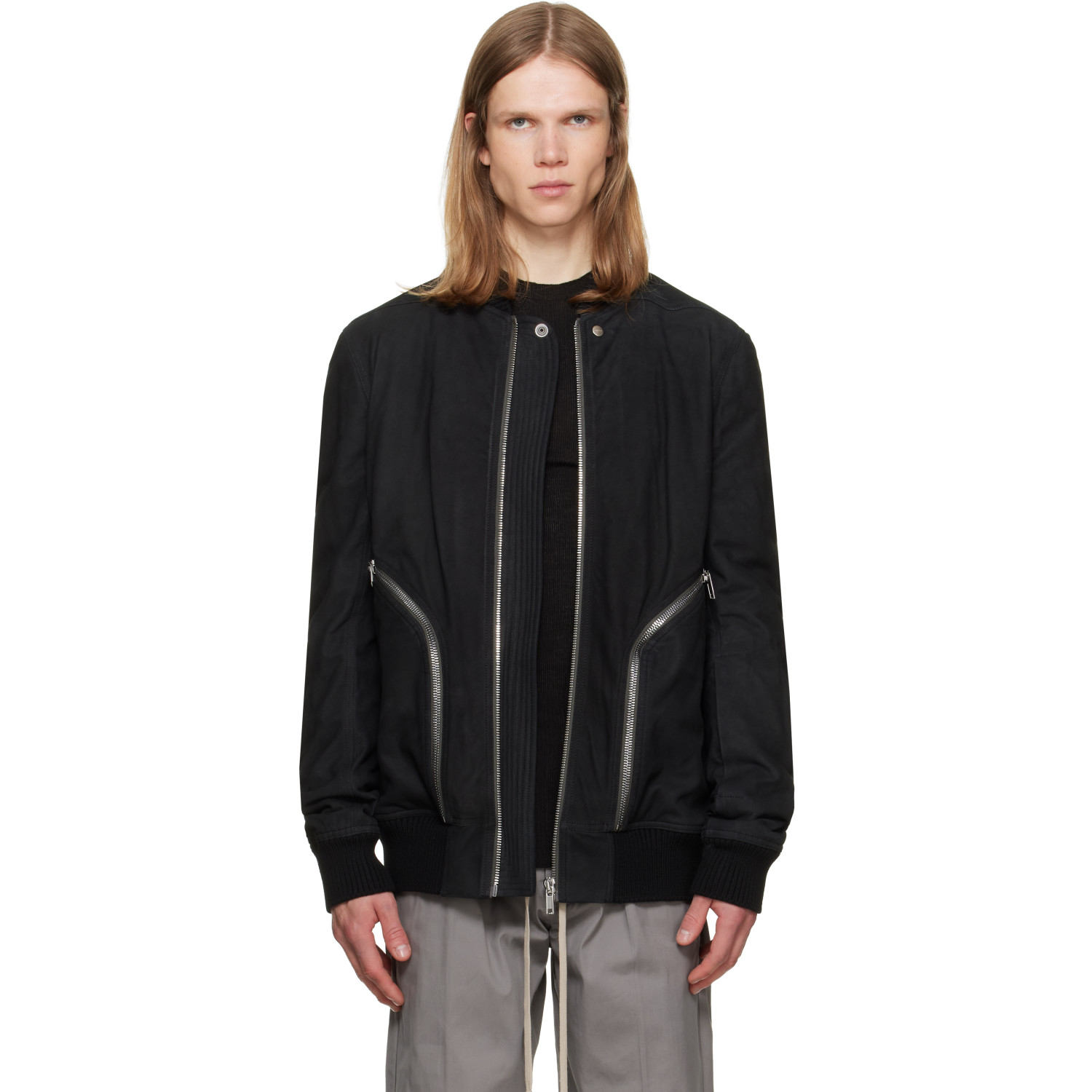 Rick Owens Black Tower Heizer Flight Suede Bomber Jacket