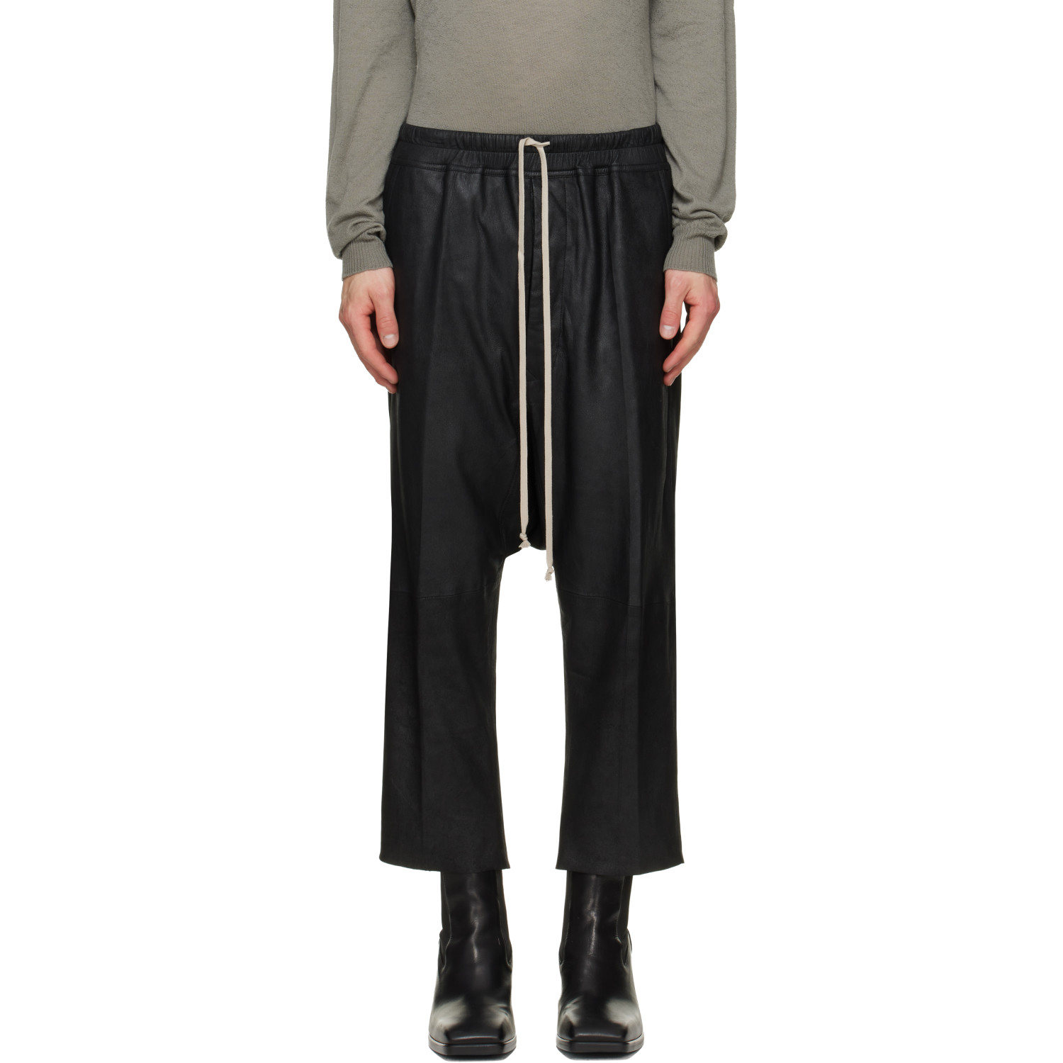 Rick Owens Black Tower Drawstring Cropped Leather Pants