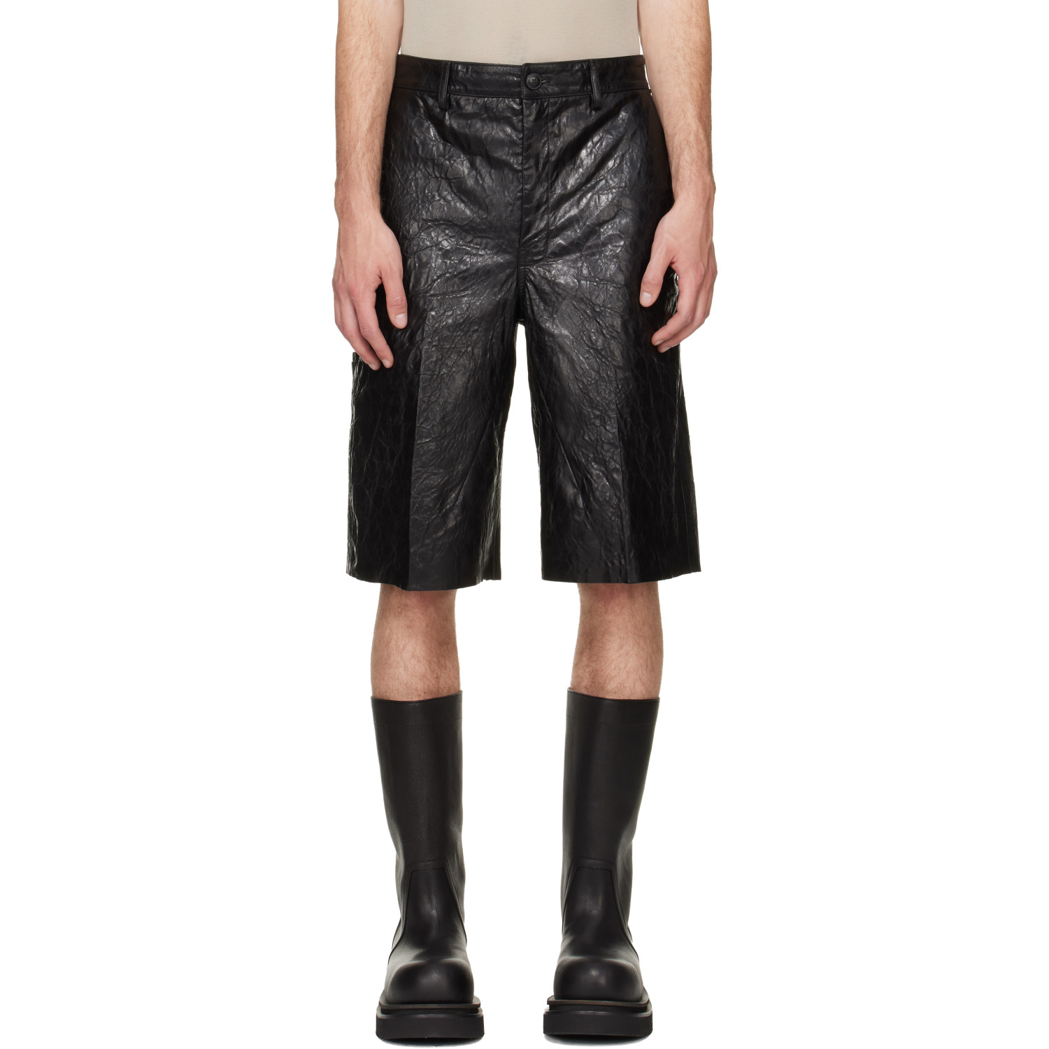 Rick Owens Black Tower Tumbled Leather Work Shorts