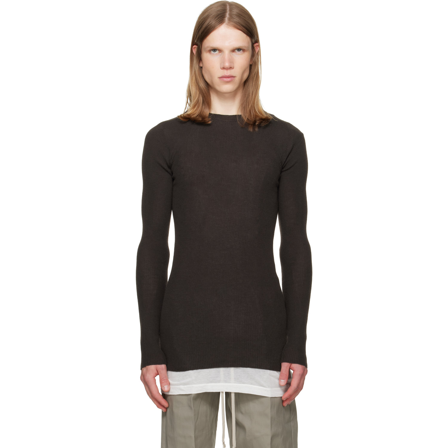 Rick Owens Brown Tower Ribbed Round Neck Sweater