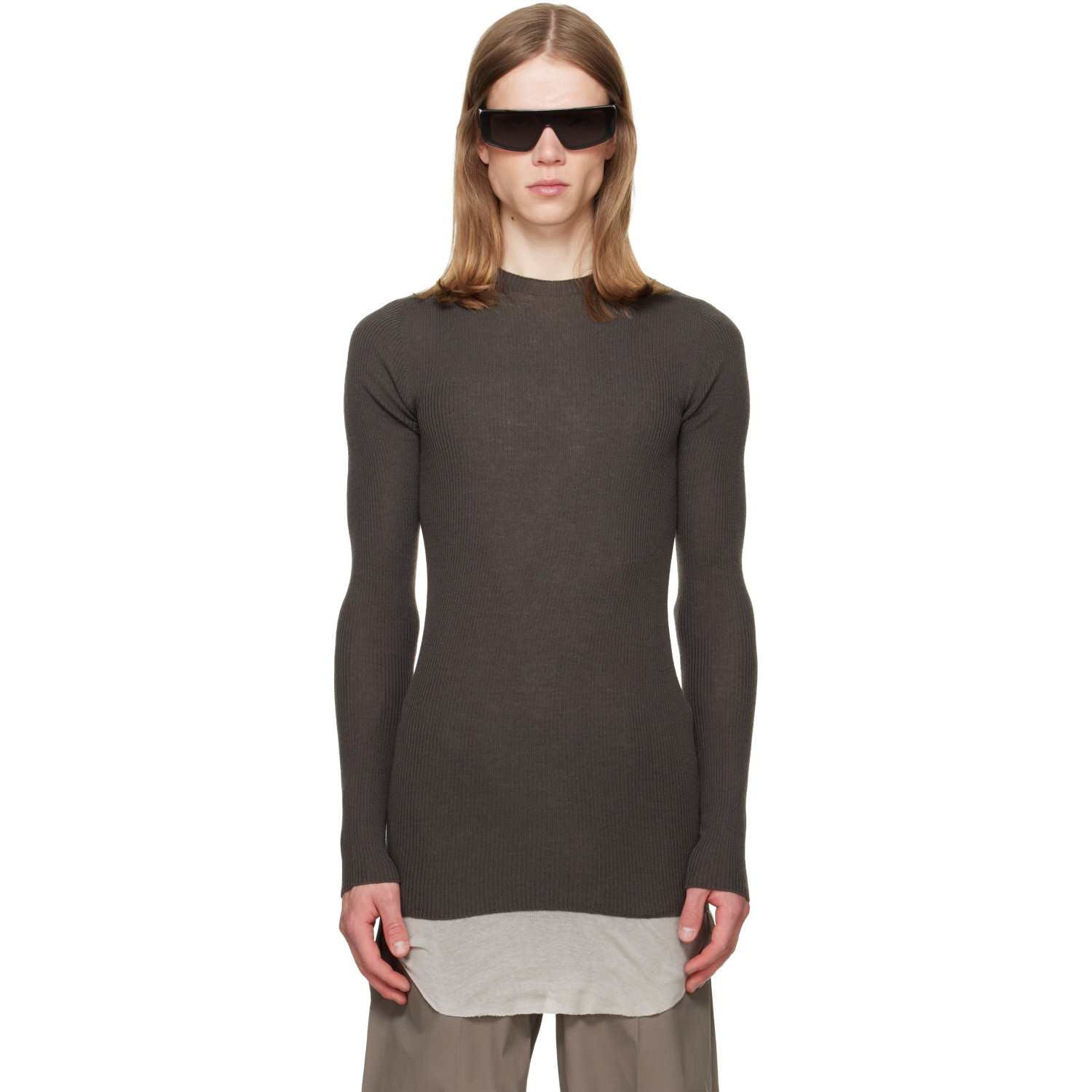 Rick Owens Gray Tower Ribbed Round Neck Sweater