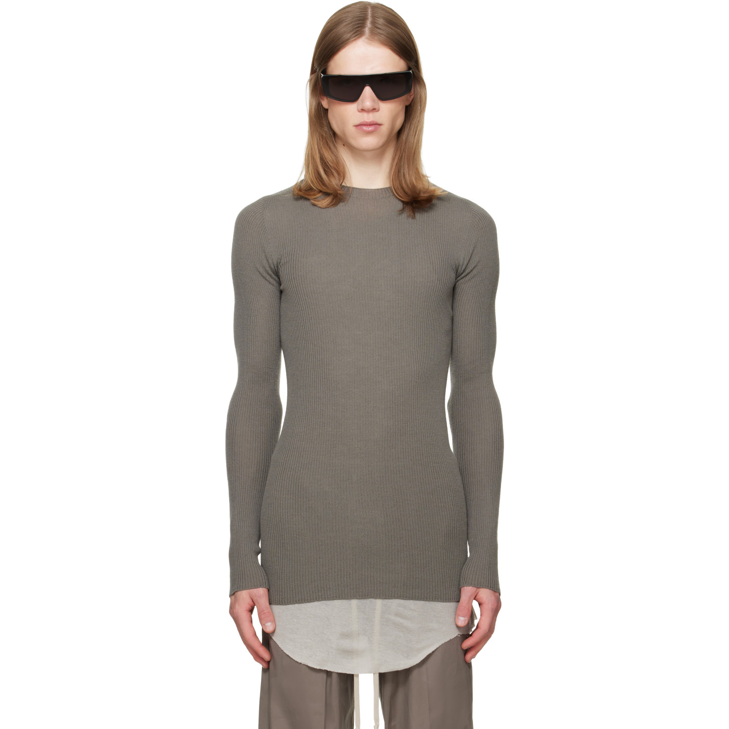 Rick Owens Gray Tower Ribbed Round Neck Sweater