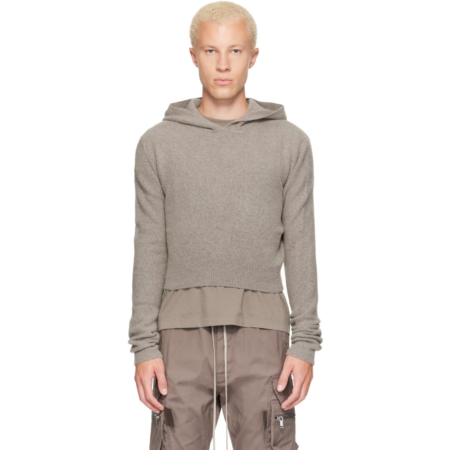 Rick Owens Gray Tower Dust Felt Cashmere Cropped Hoodie