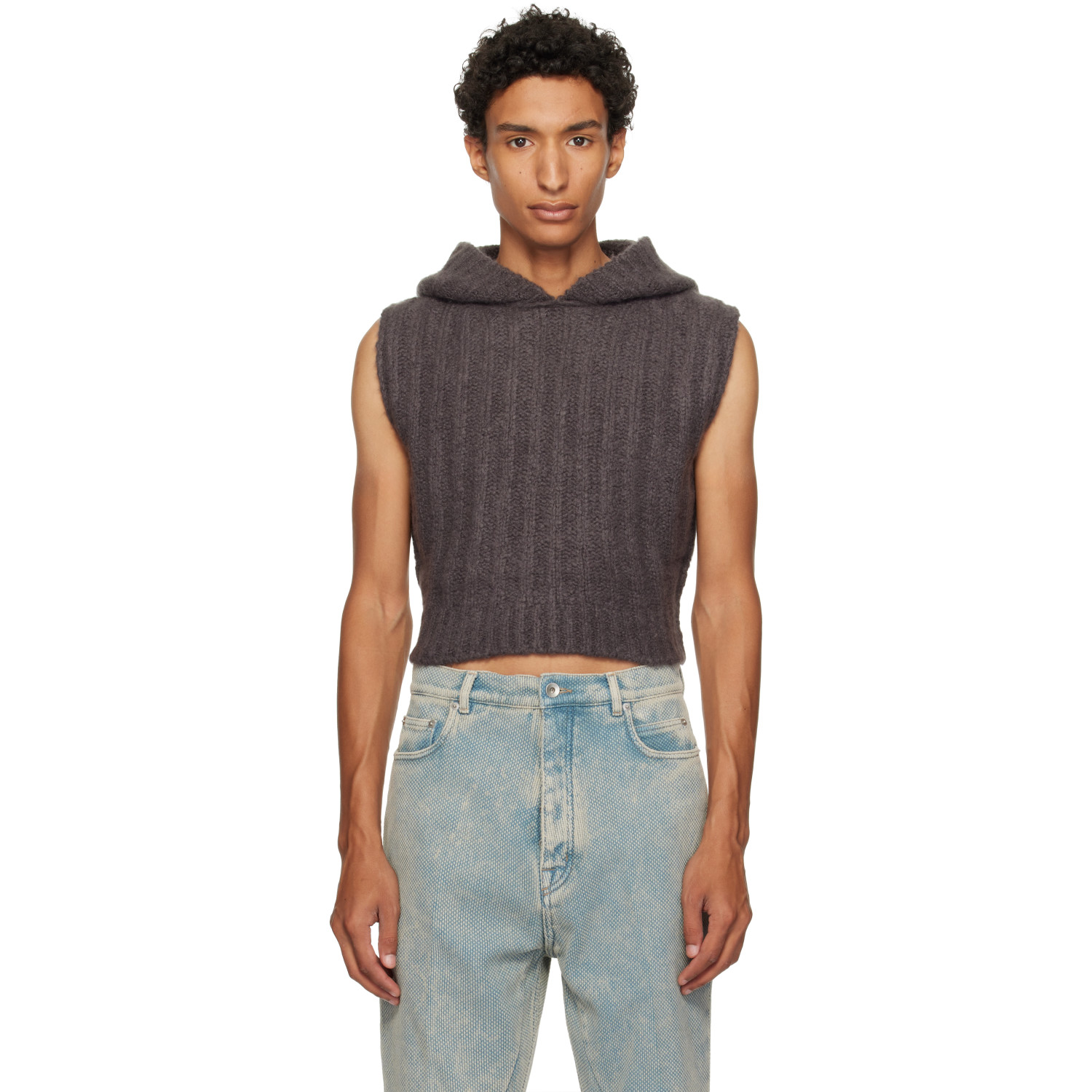 Rick Owens Gray Tower Cropped Hooded Tank Top