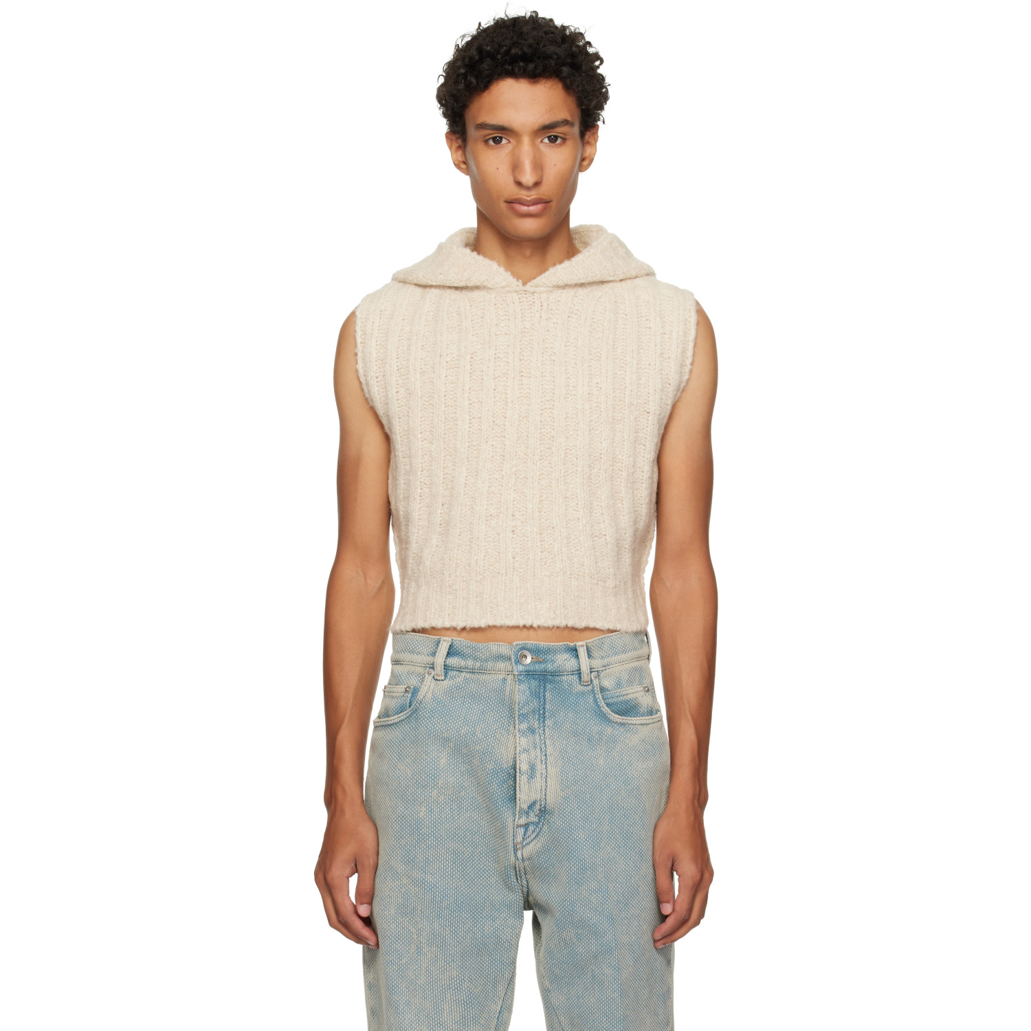 Rick Owens Off-White Tower Cropped Hooded Tank Top