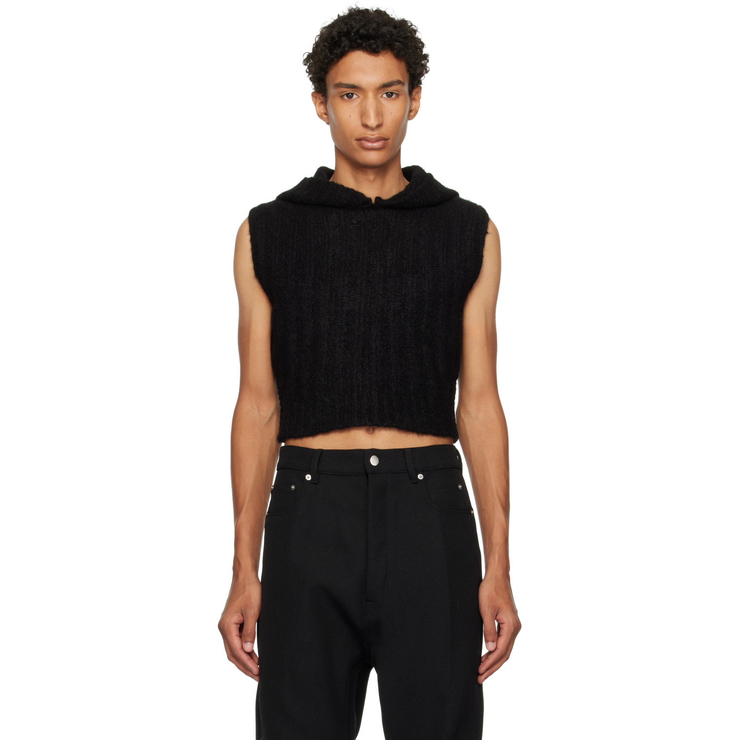 Rick Owens Black Tower Cropped Hooded Tank Top