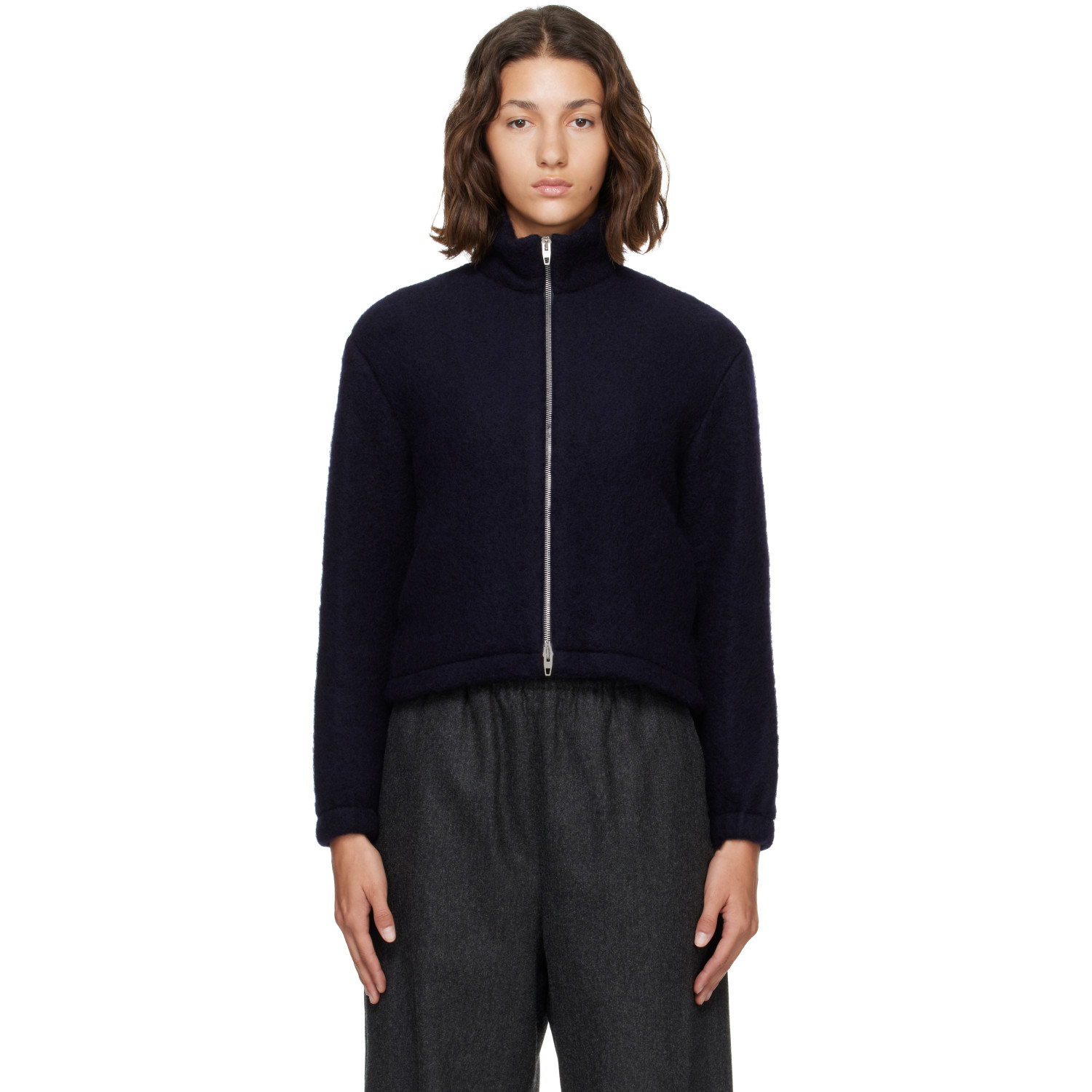 Jil Sander Navy High Neck Zip-Up Cropped Jacket