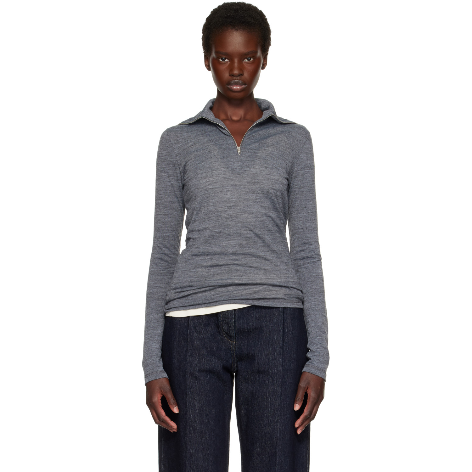 Jil Sander Gray Wool Half Zip Polo