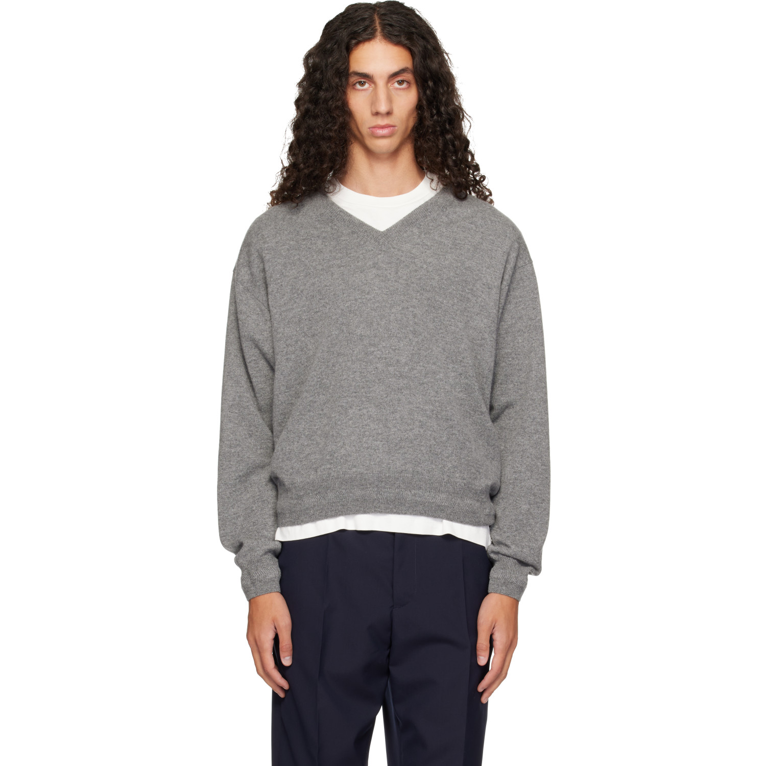 Jil Sander Gray LS V-Neck Sweater