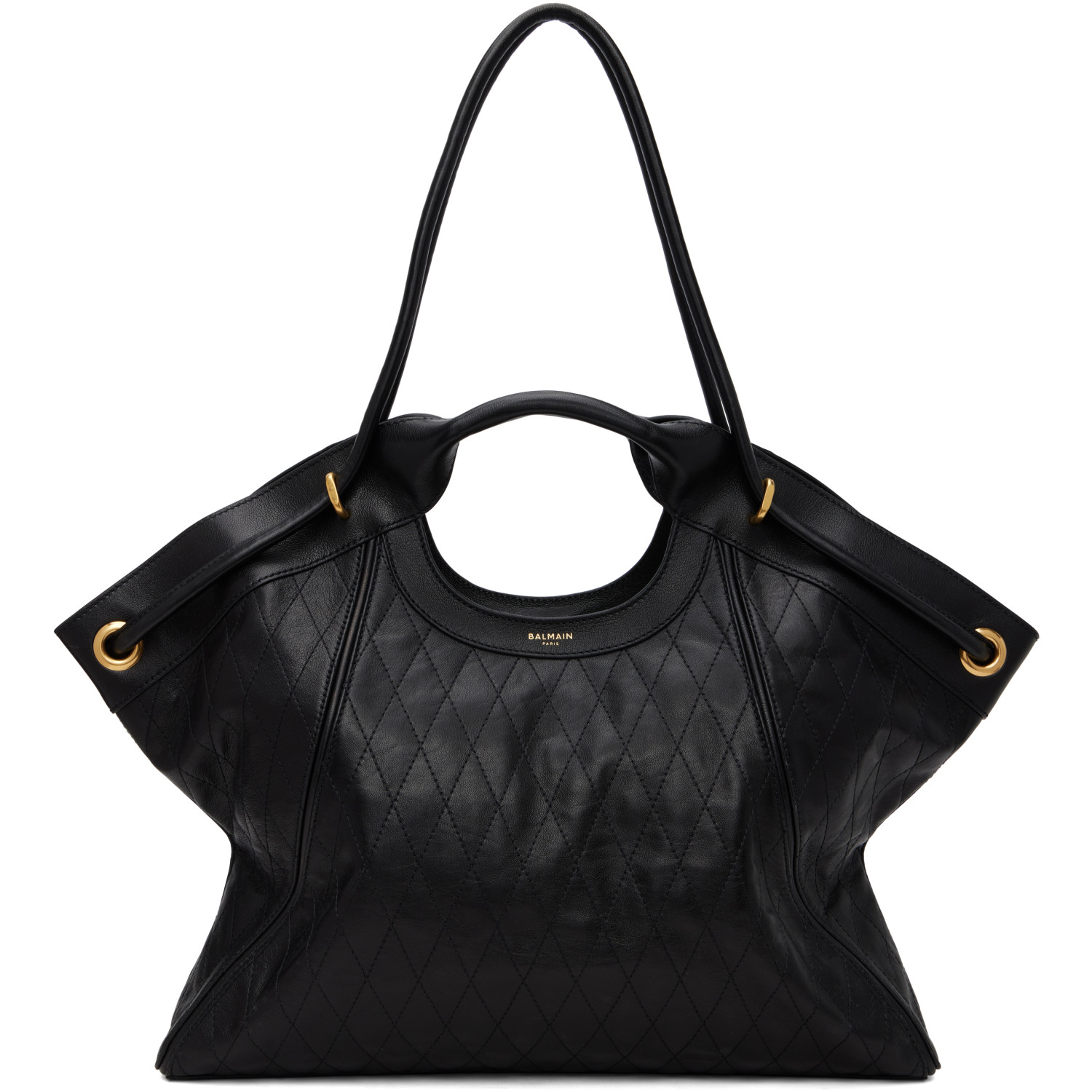 BALMAIN Black Topstitched Leather Large Tote