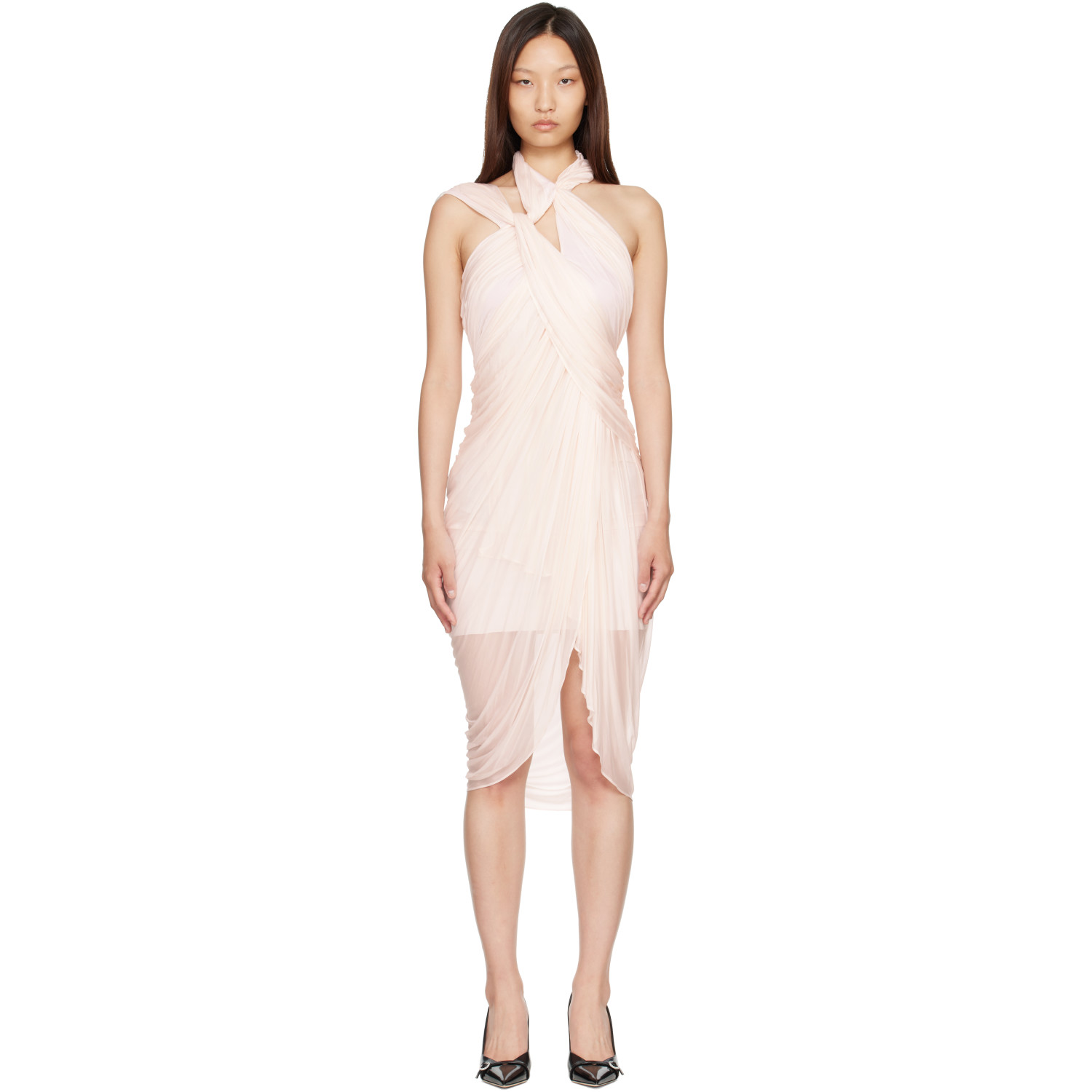 BALMAIN Pink Cross Neck Fluid Jersey Draped Midi Dress