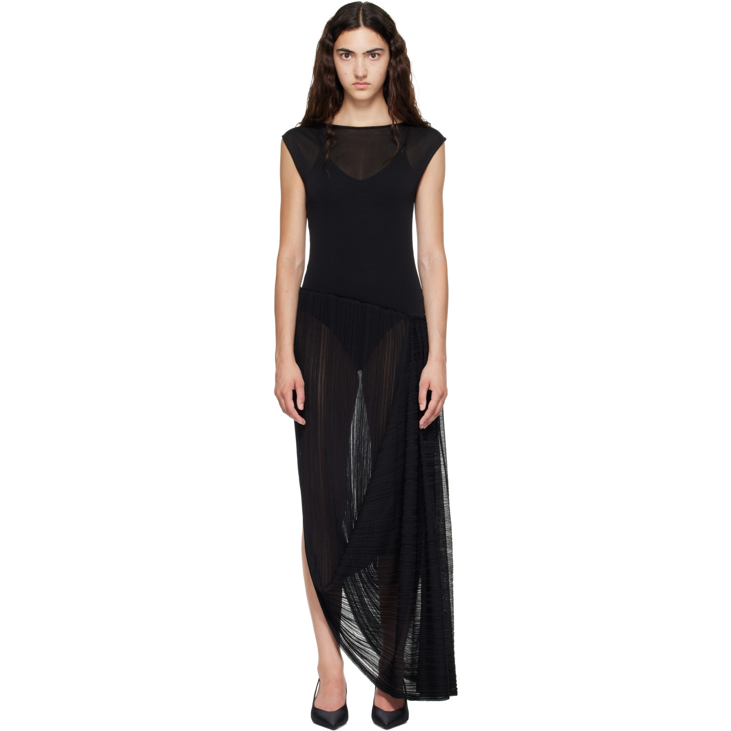 BALMAIN Black Long Draped Viscose Maxi Dress