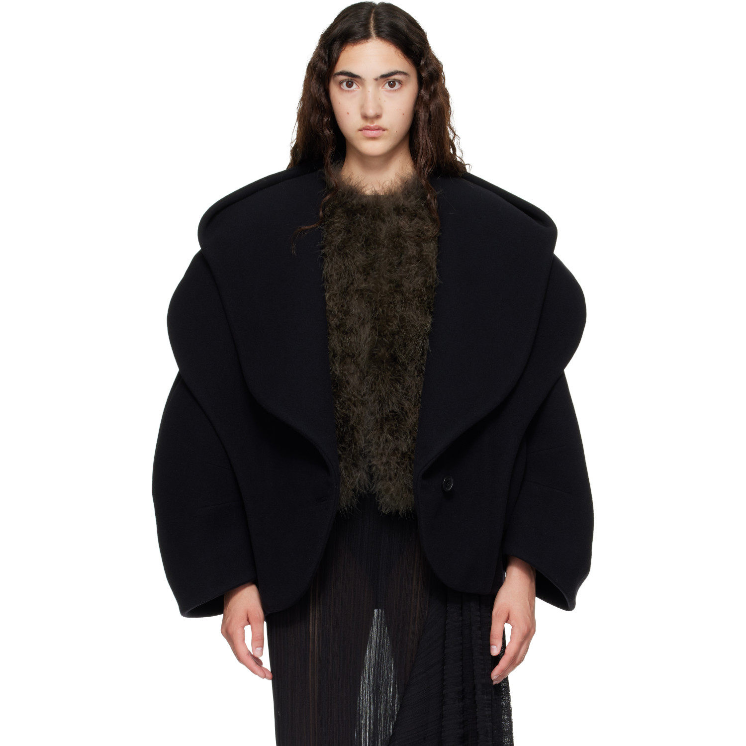 BALMAIN Black Oversized Wool Hood Pea Coat