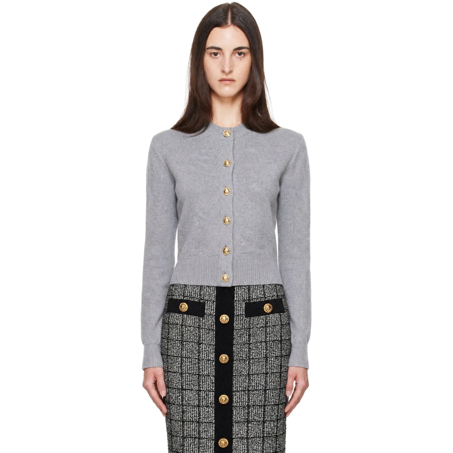 BALMAIN Gray Buttoned Round Collar Cashmere Cardigan