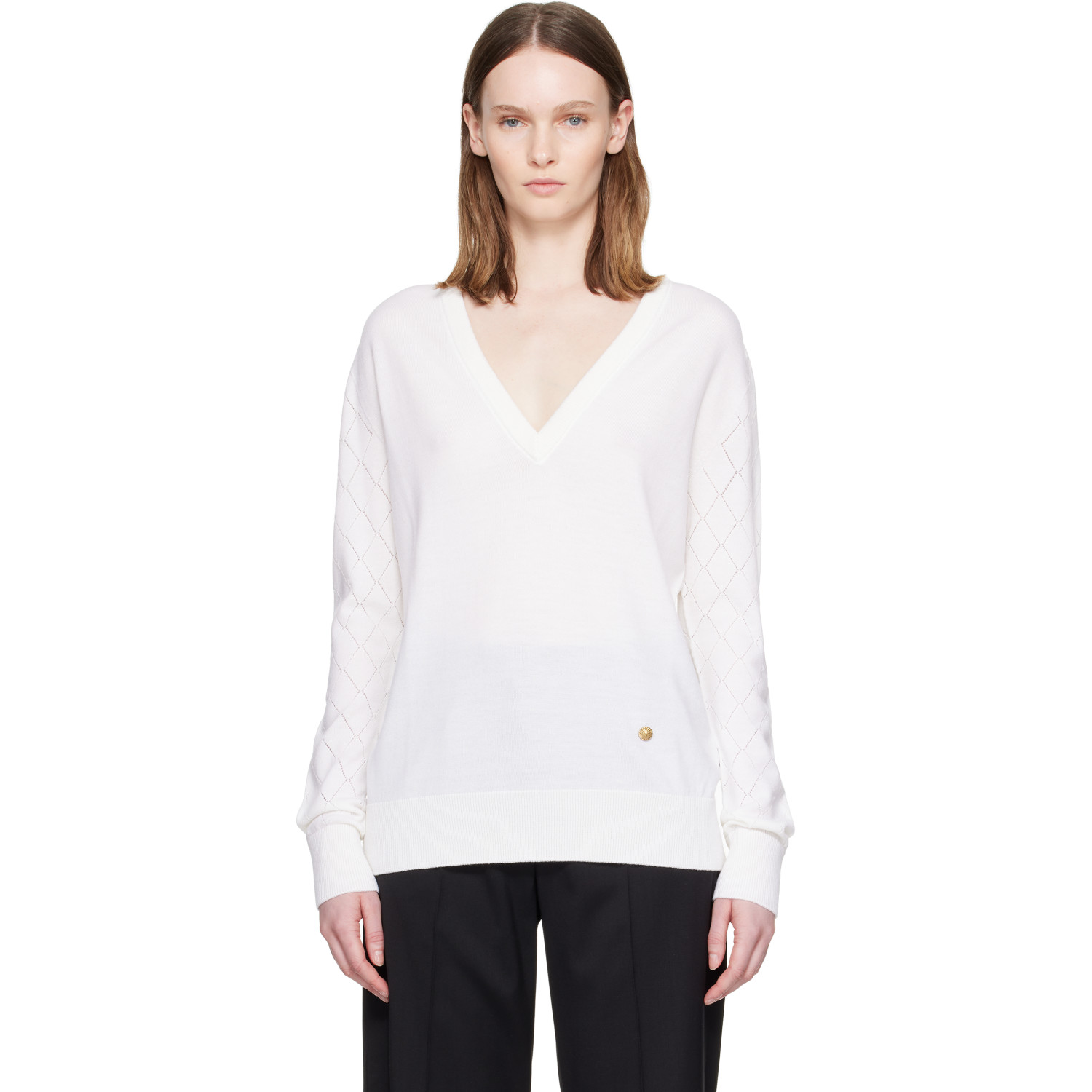 BALMAIN White V-Neck Light Sweater