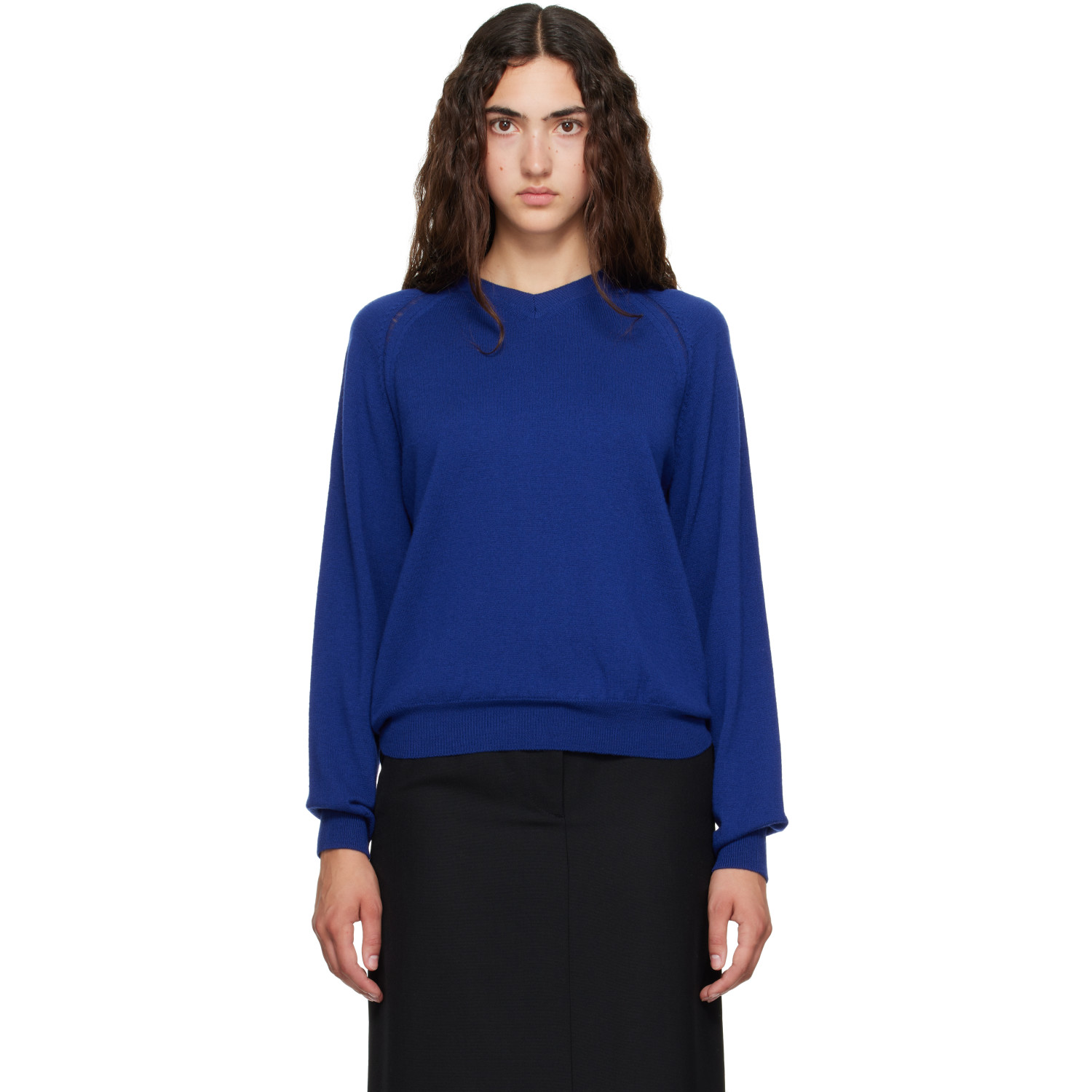 TONYWACK Blue Super Fine Merino Wool Distressed V-Neck Sweater