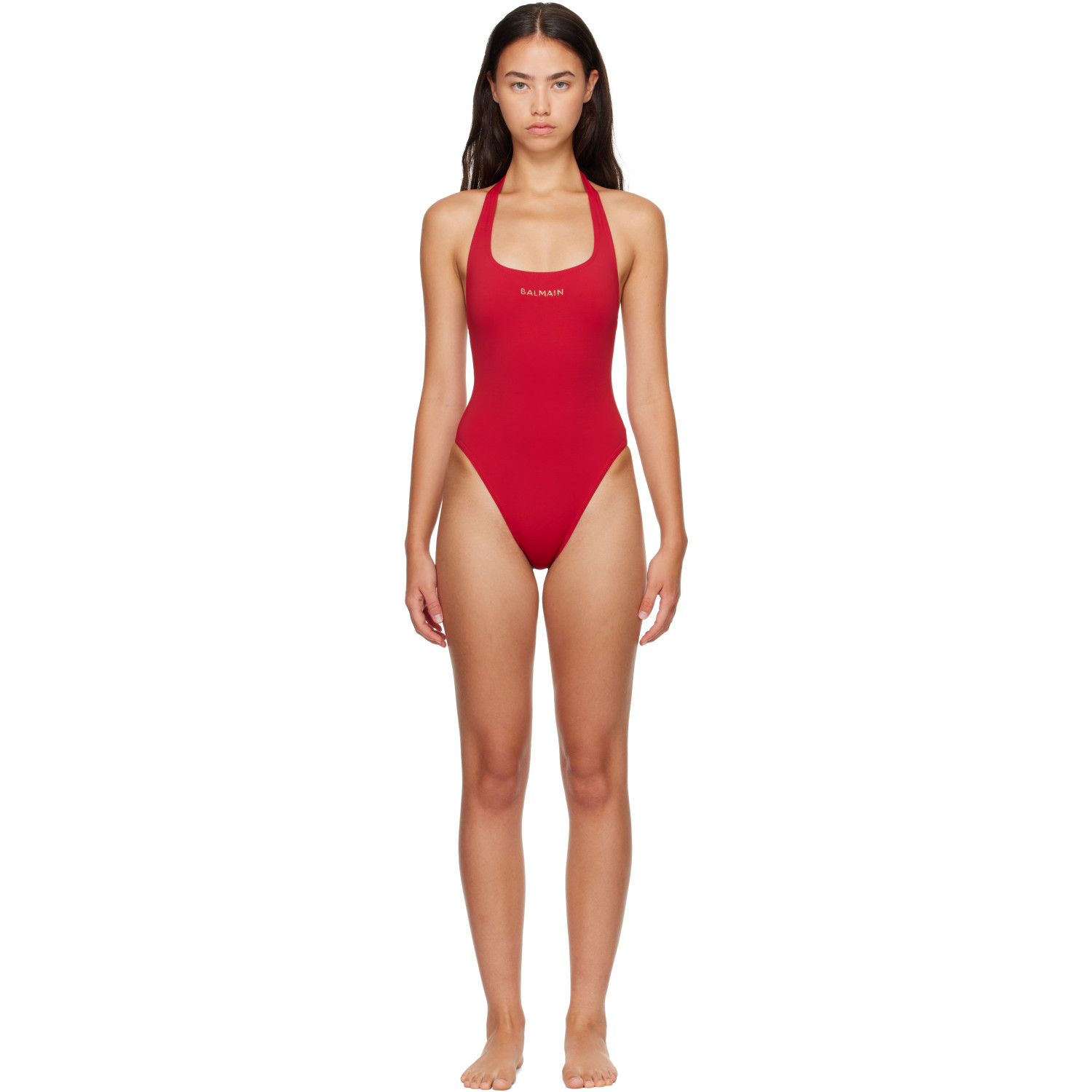 BALMAIN Red Studded Logo Halter Swimsuit
