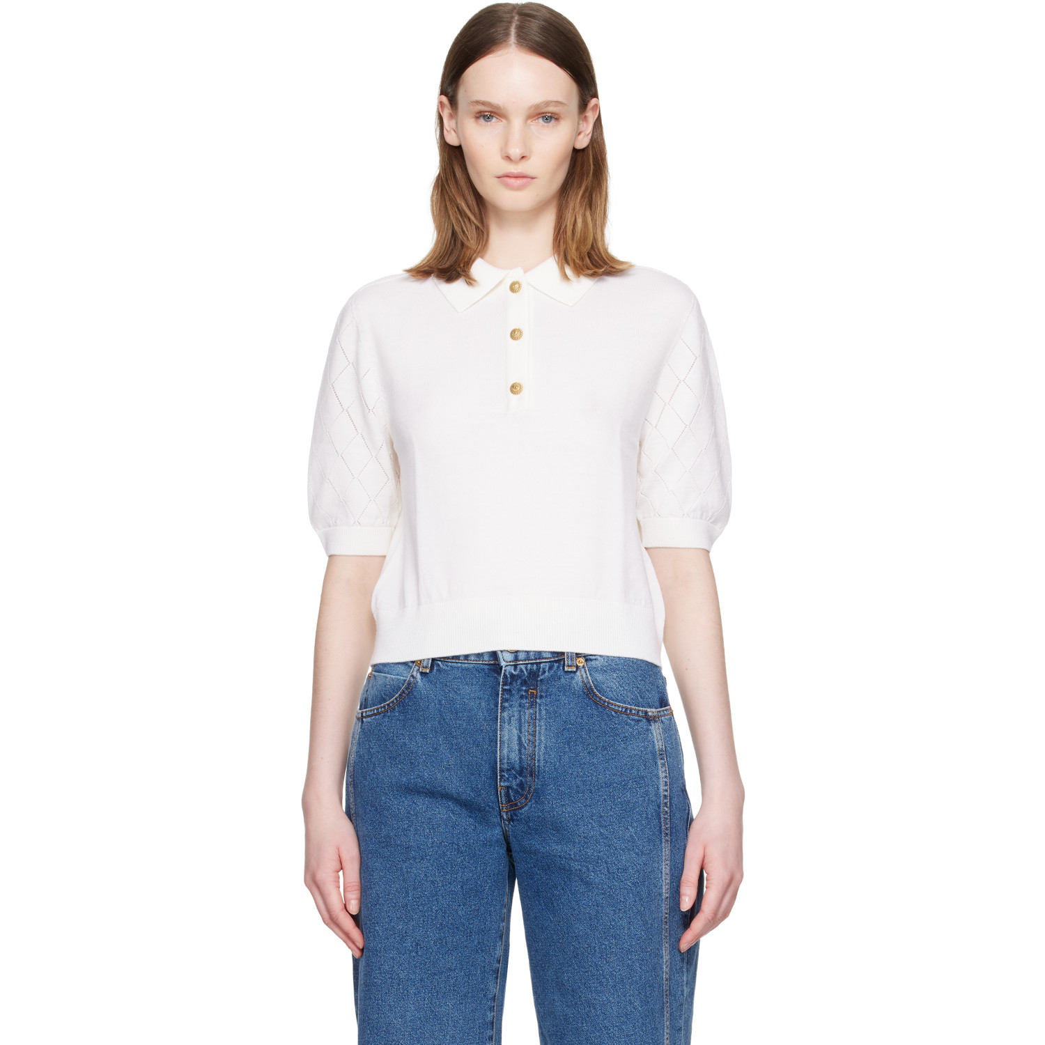 BALMAIN White 3-Button Quilted Polo