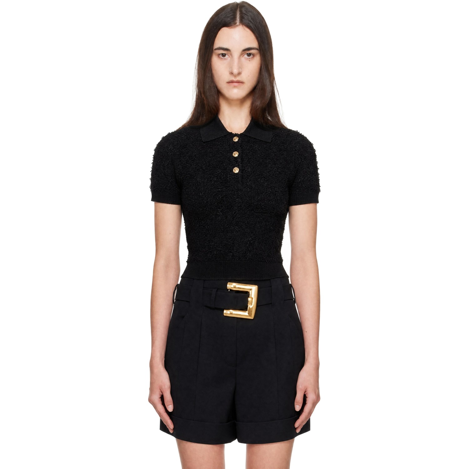 BALMAIN Black Short Sleeves Buttoned Tweed Knit Polo