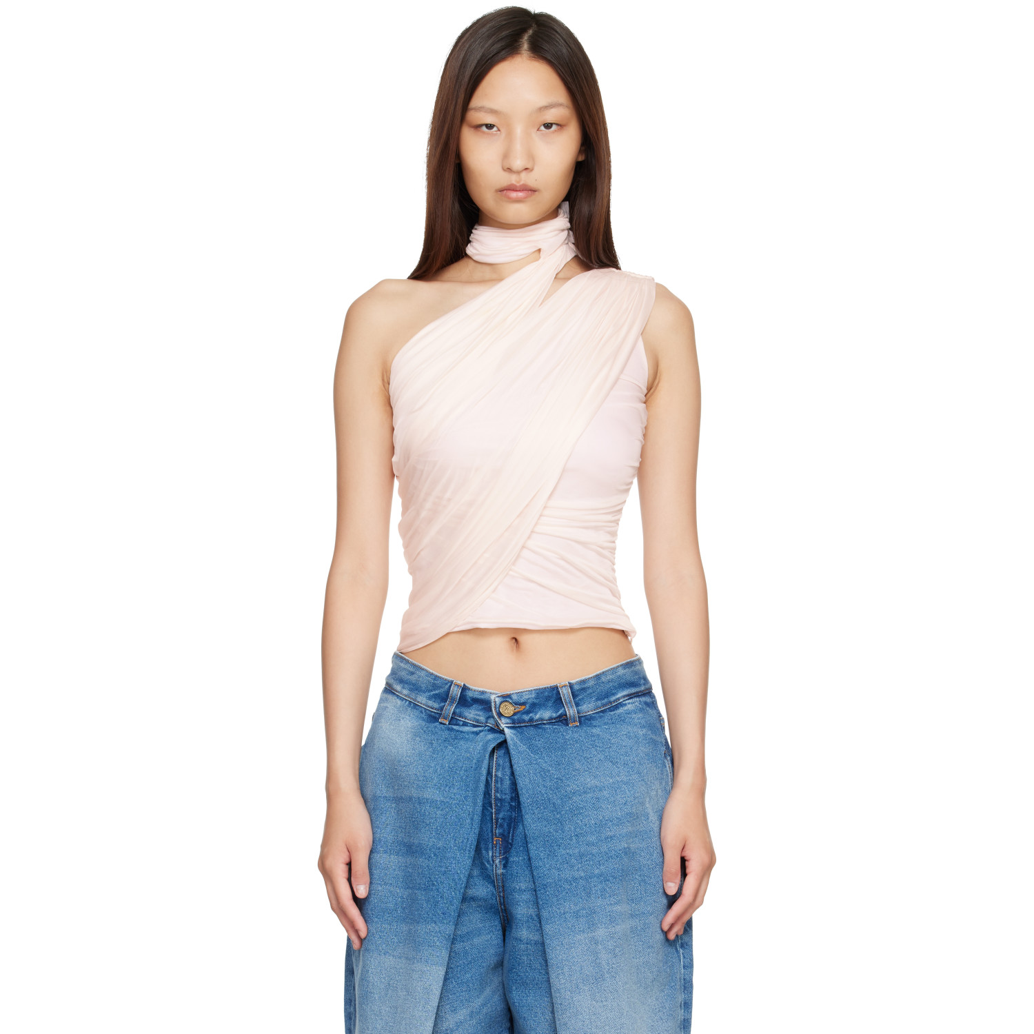 BALMAIN Pink Cross Neck Draped Fluid Jersey Top