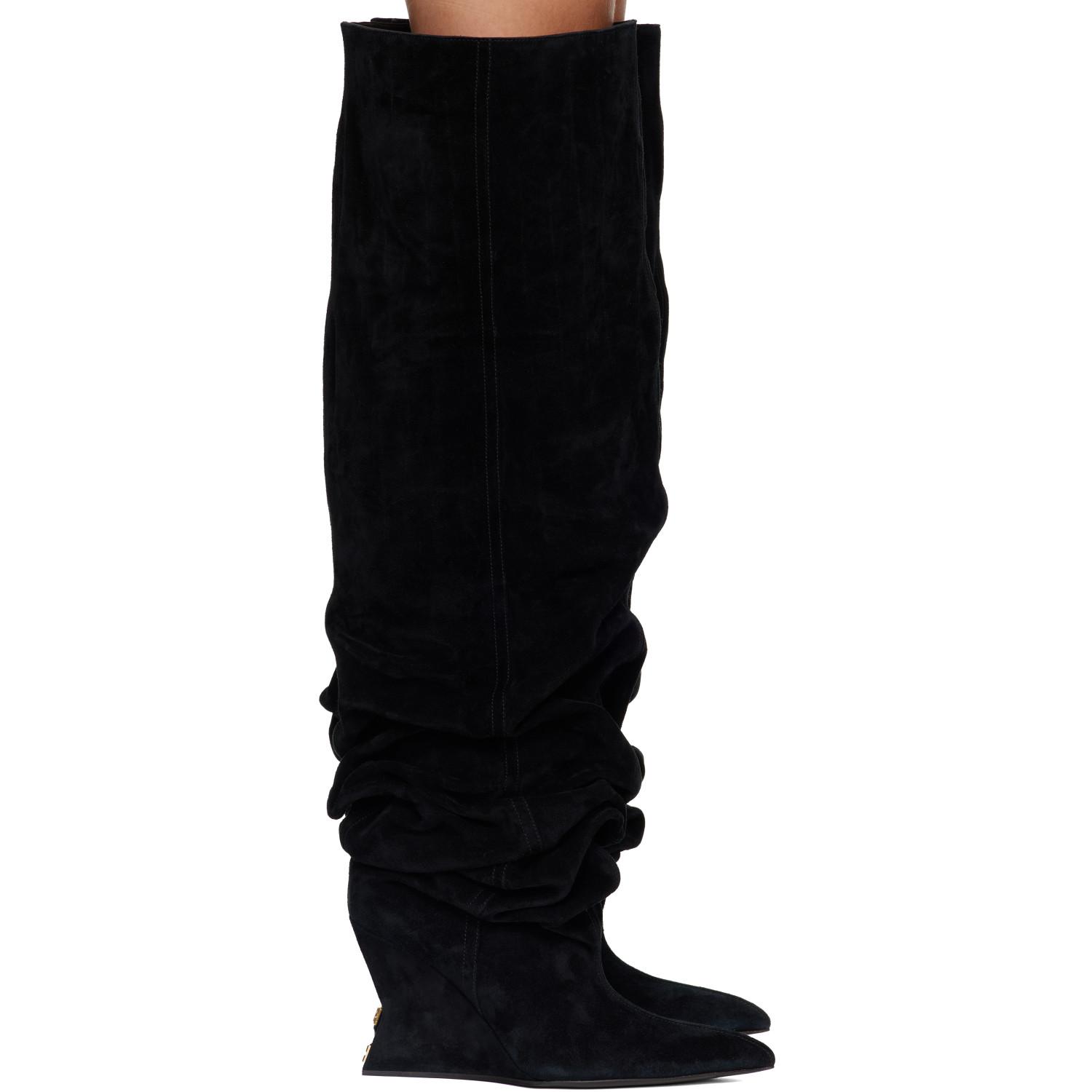 BALMAIN Black Suede Leather Wedge Thigh-High Boots
