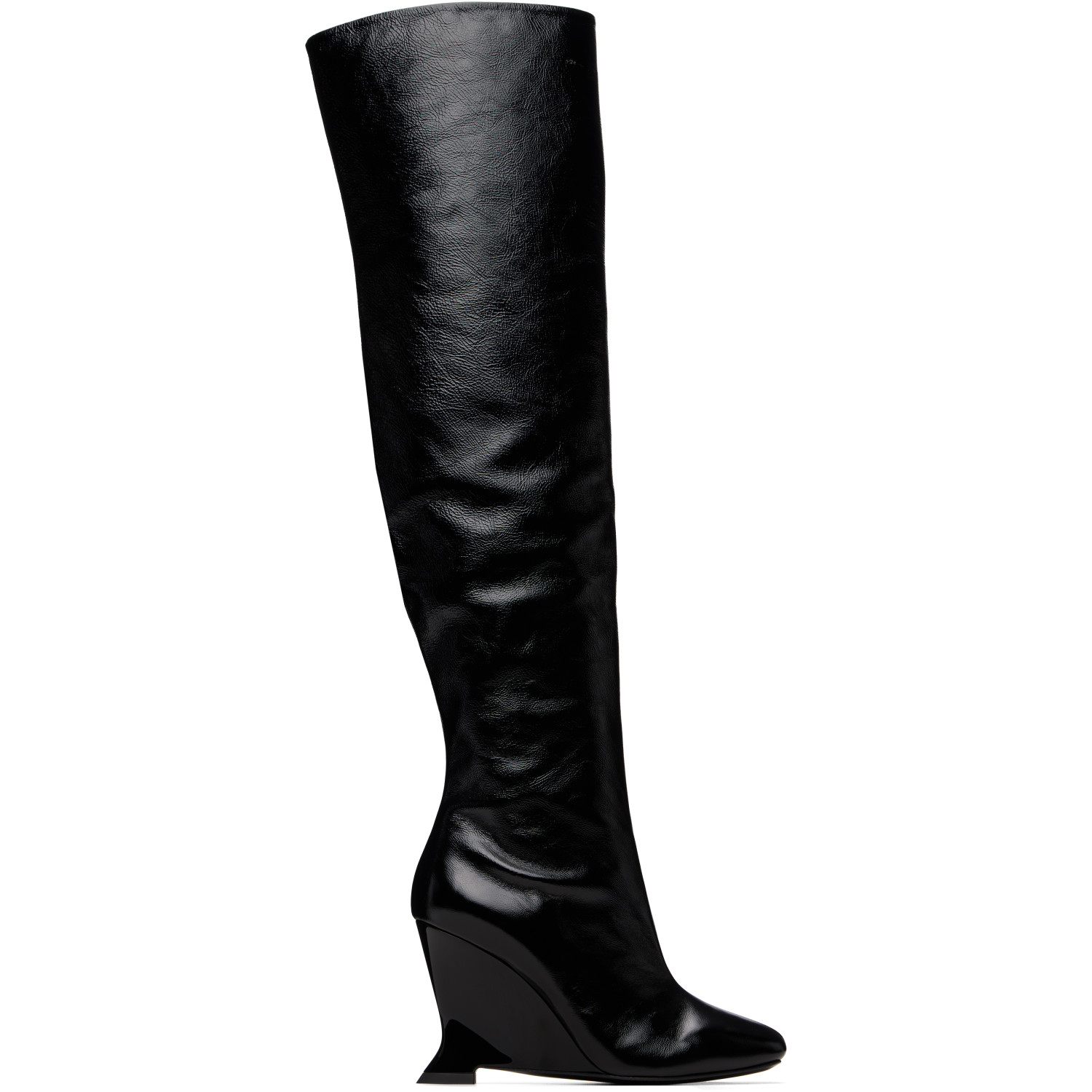 Balmain Black Thigh-high Crinkled Patent Leather Wedge Boots In 0pa Noir