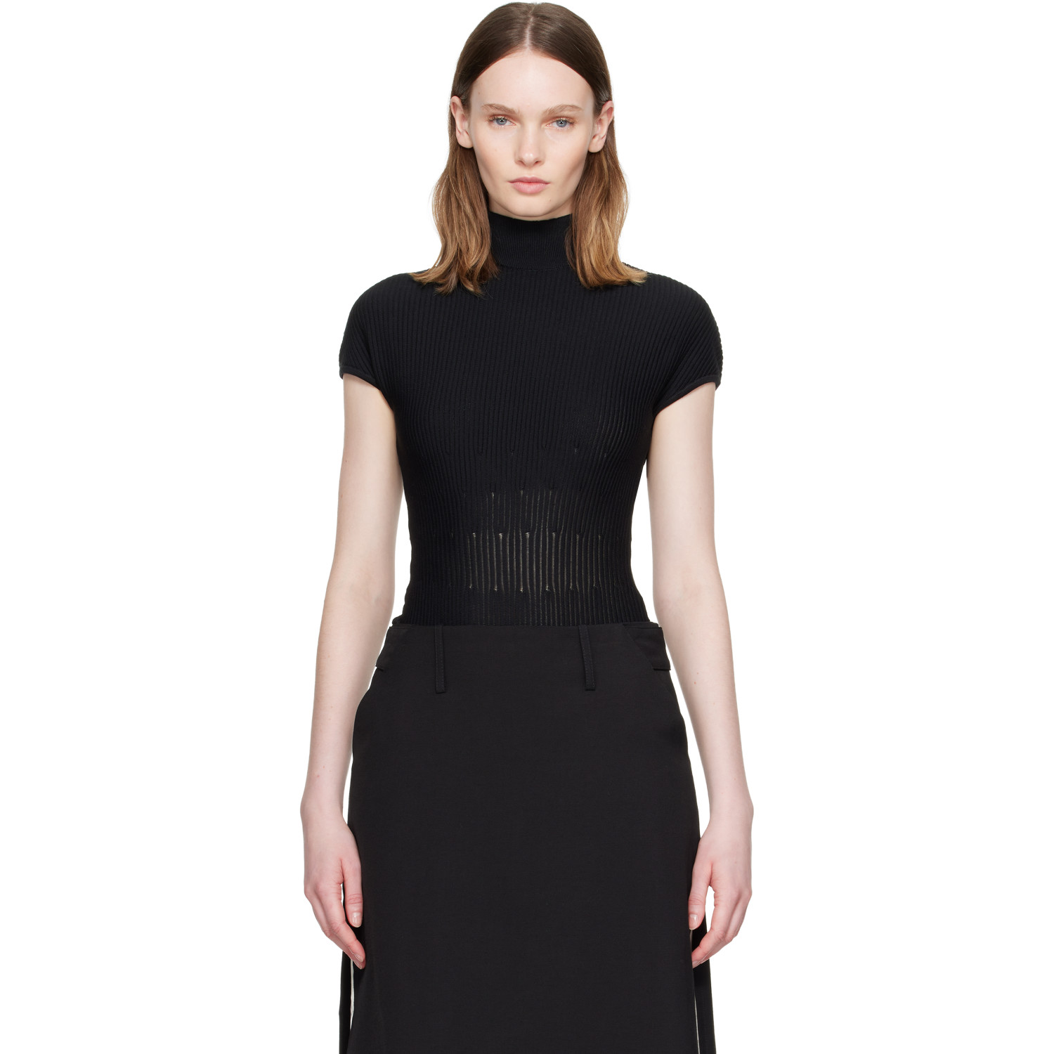 BALMAIN Black High Collar Knit Bodysuit