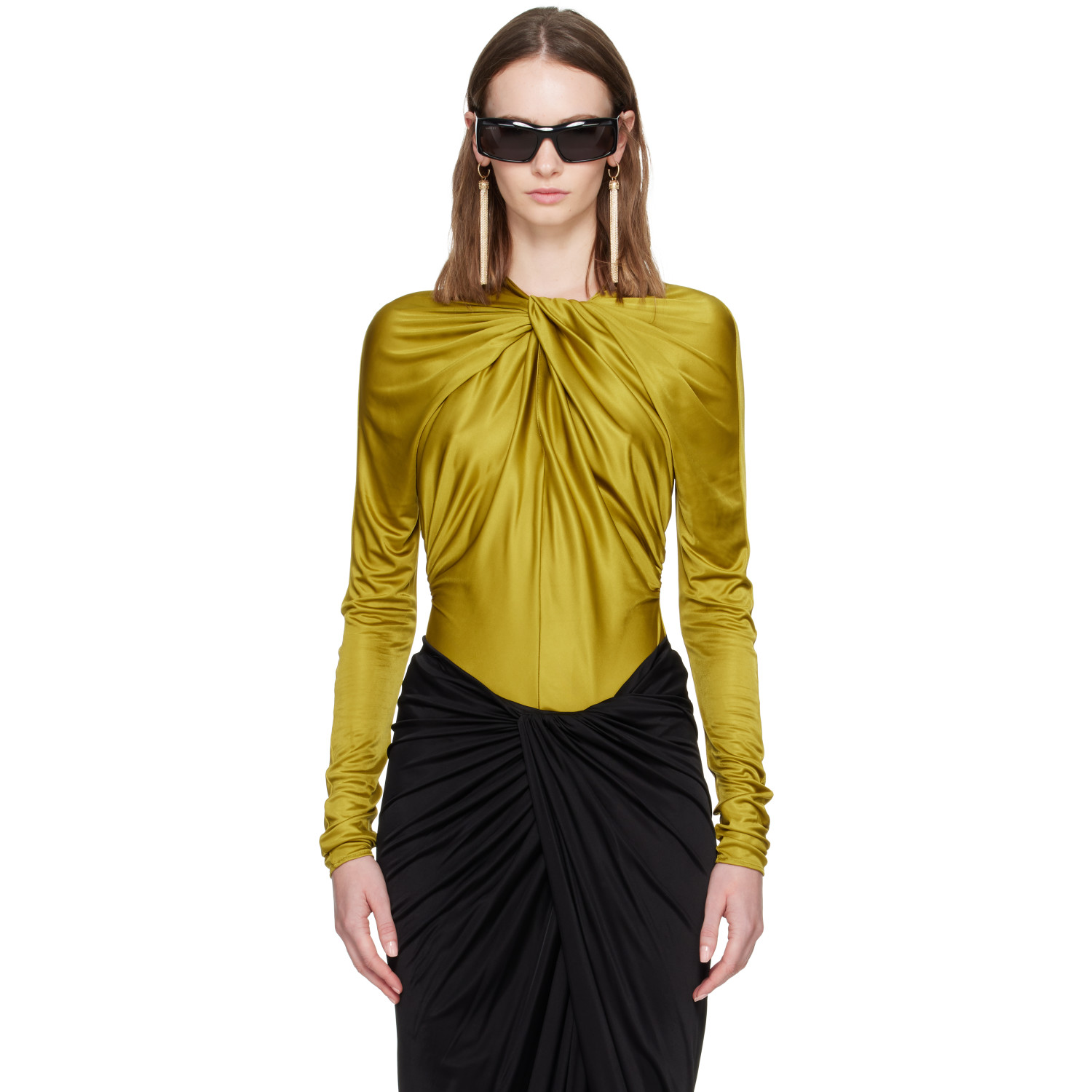 BALMAIN Green LS Twist Detail Bodysuit