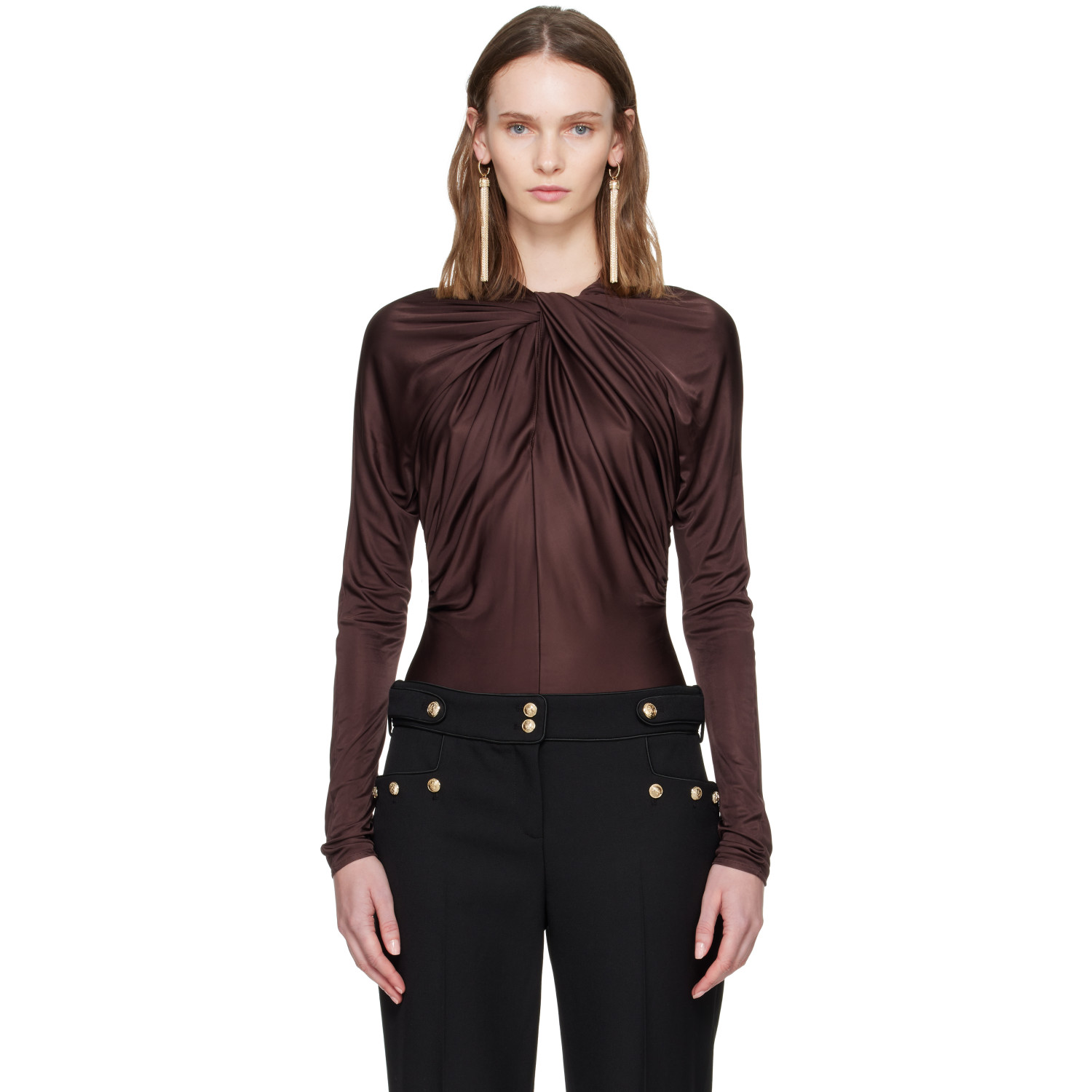 BALMAIN Burgundy LS Twist Detail Bodysuit