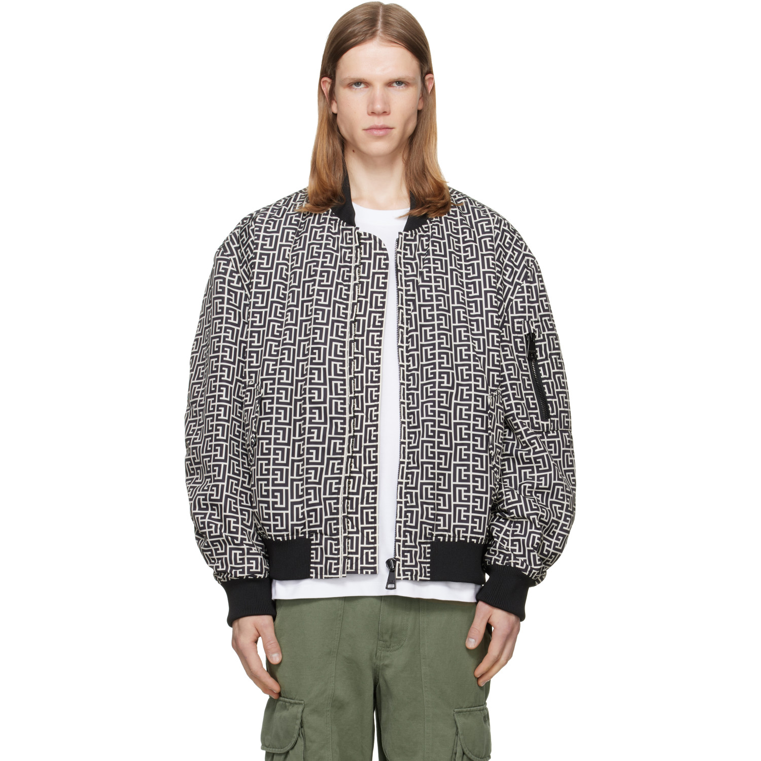 BALMAIN Black & White Monogram Bomber Jacket