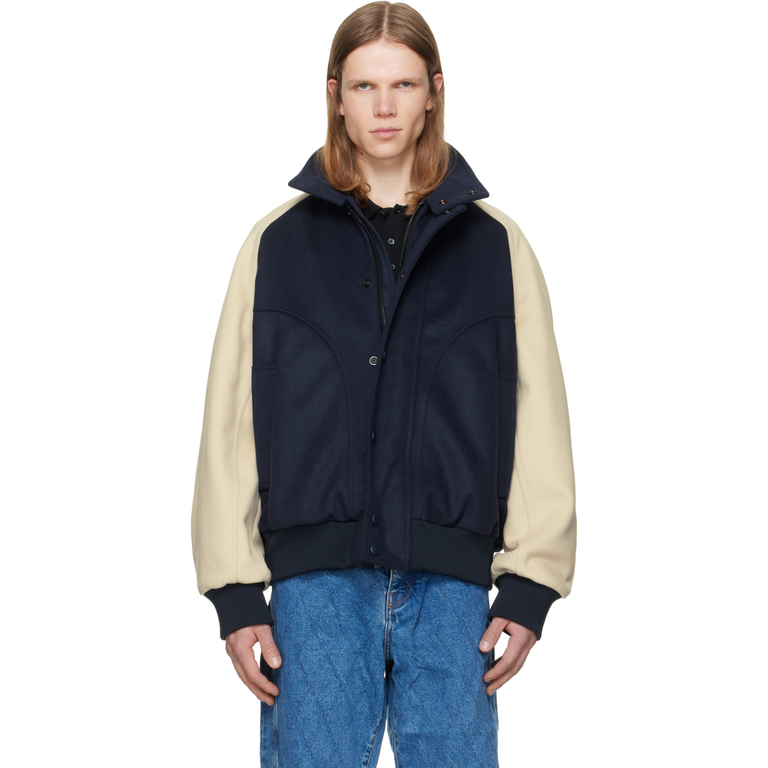 BALMAIN Navy & Off-White Vintage Wool Bicolor Bomber Jacket