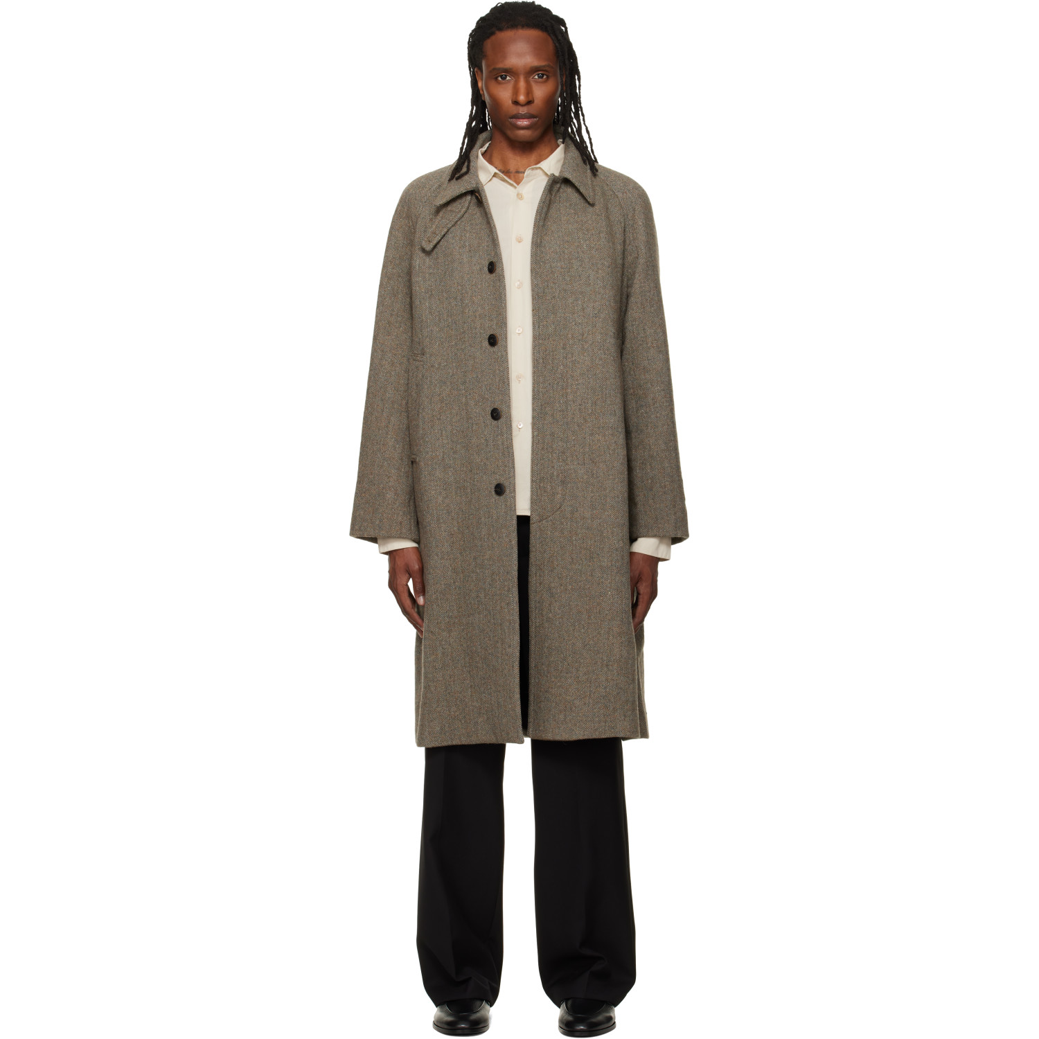 TONYWACK Beige Herringbone Wool Raglan Coat