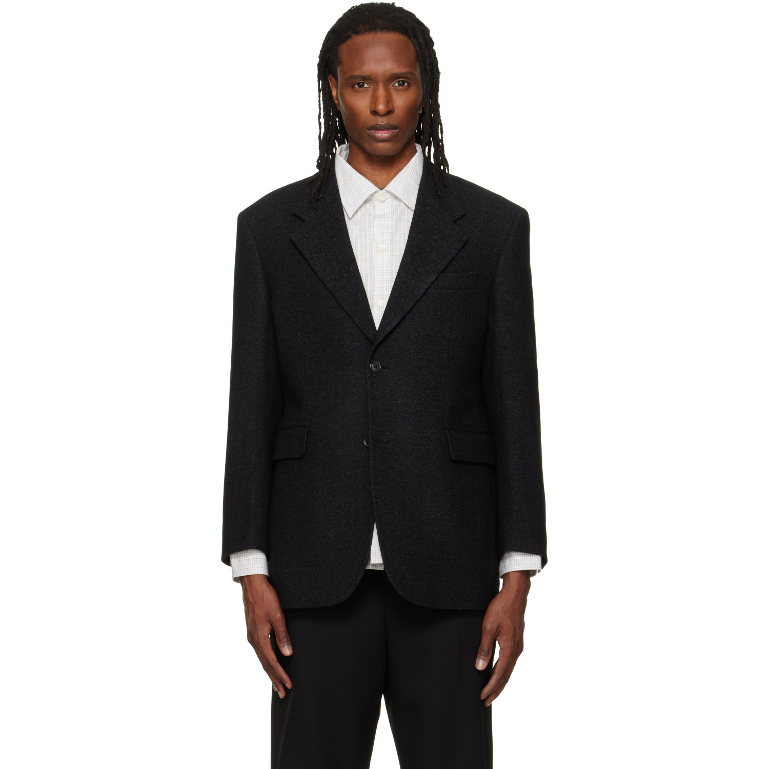 TONYWACK Black Herringbone Wool Relaxed Tailored Blazer