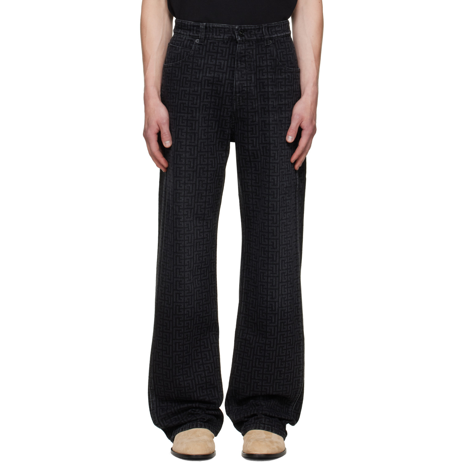 BALMAIN Black Monogram Loose Jeans