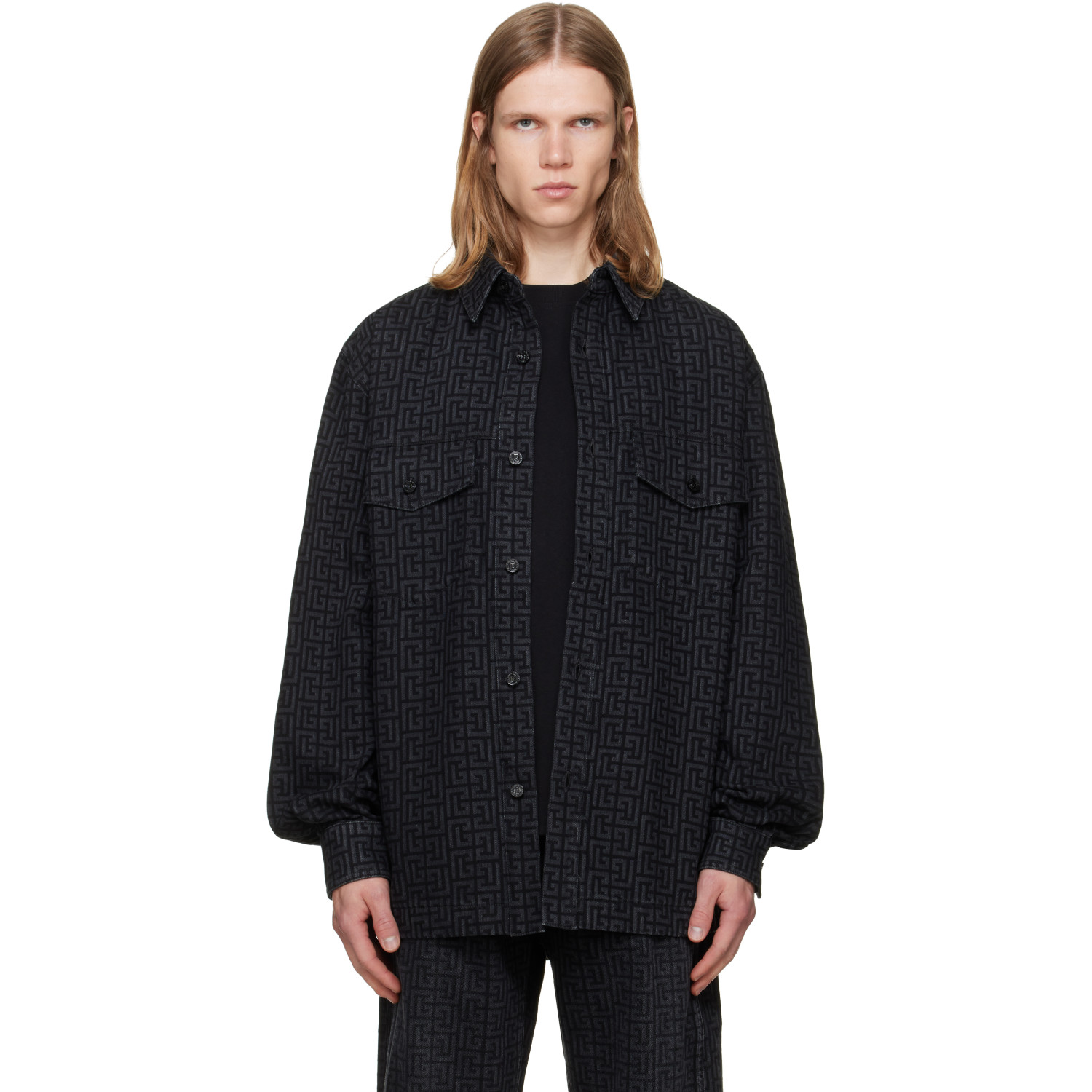 BALMAIN Black Monogram Denim Overshirt