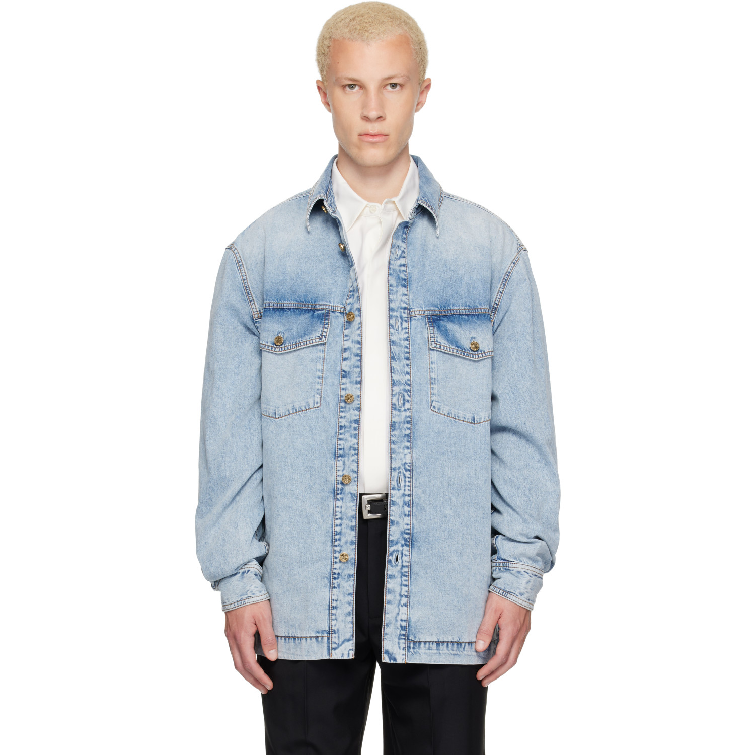 BALMAIN Blue Faded Denim Shirt