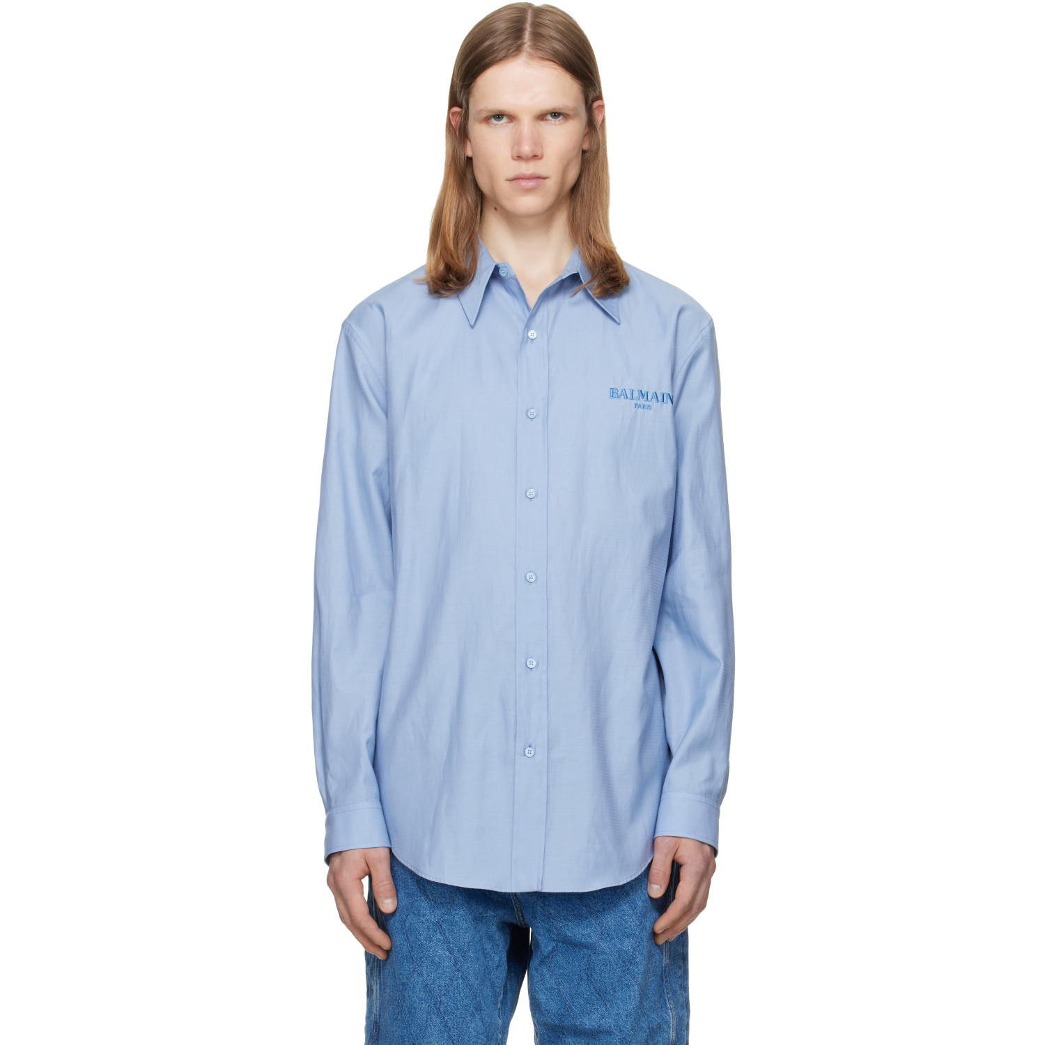 BALMAIN Blue Herringbone Poplin Regular Shirt