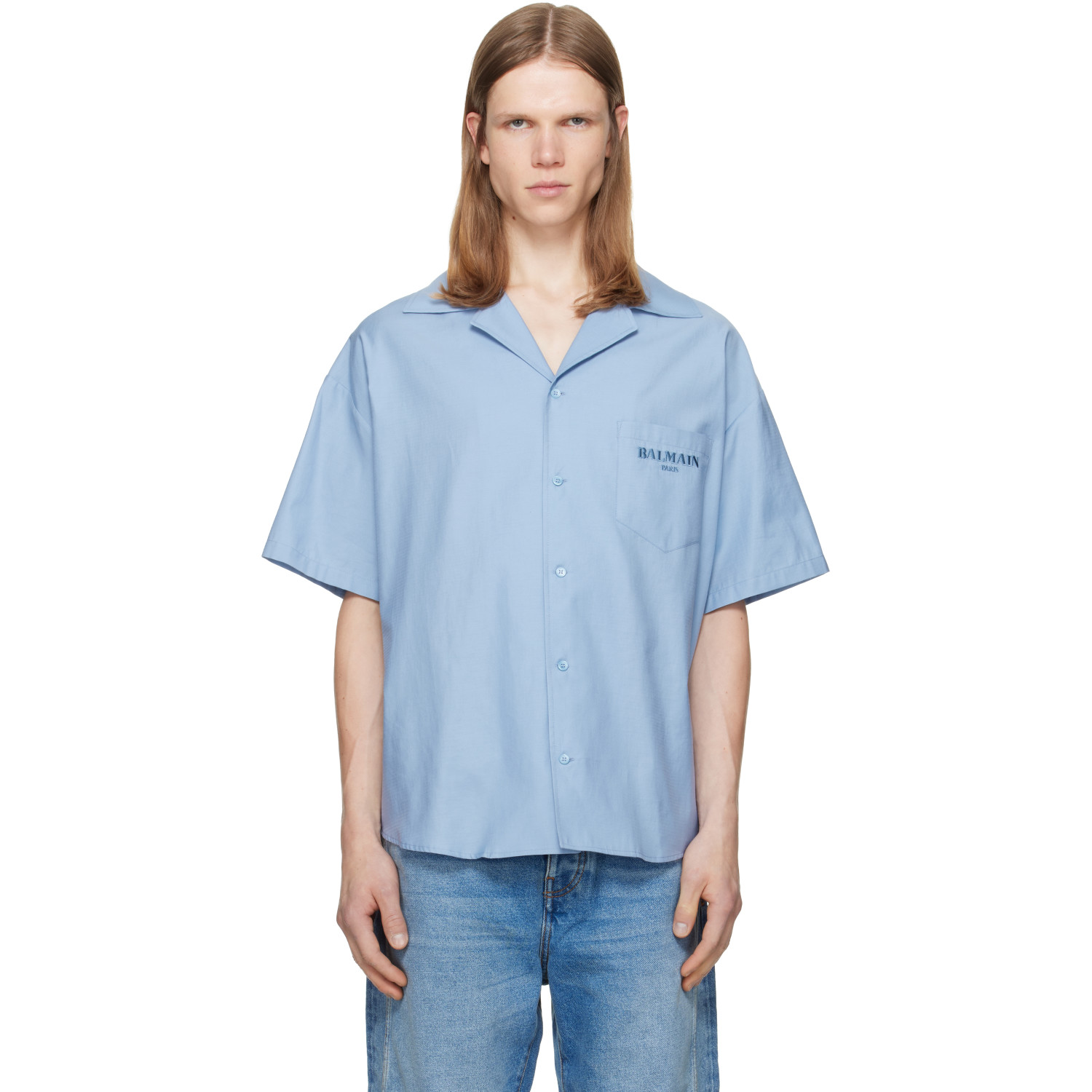 BALMAIN Blue Herringbone Poplin Short Sleeve Shirt