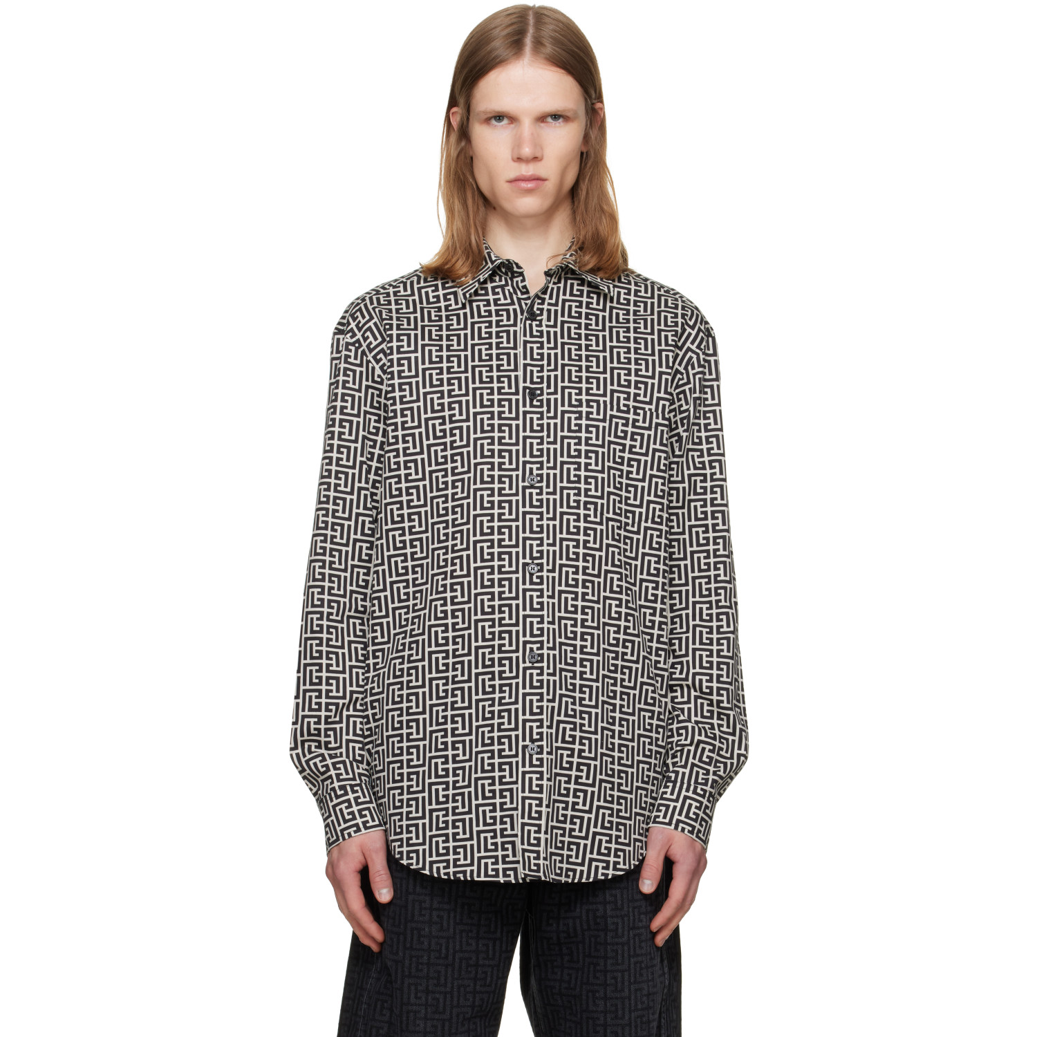 BALMAIN Black & White Monogram Loose Shirt