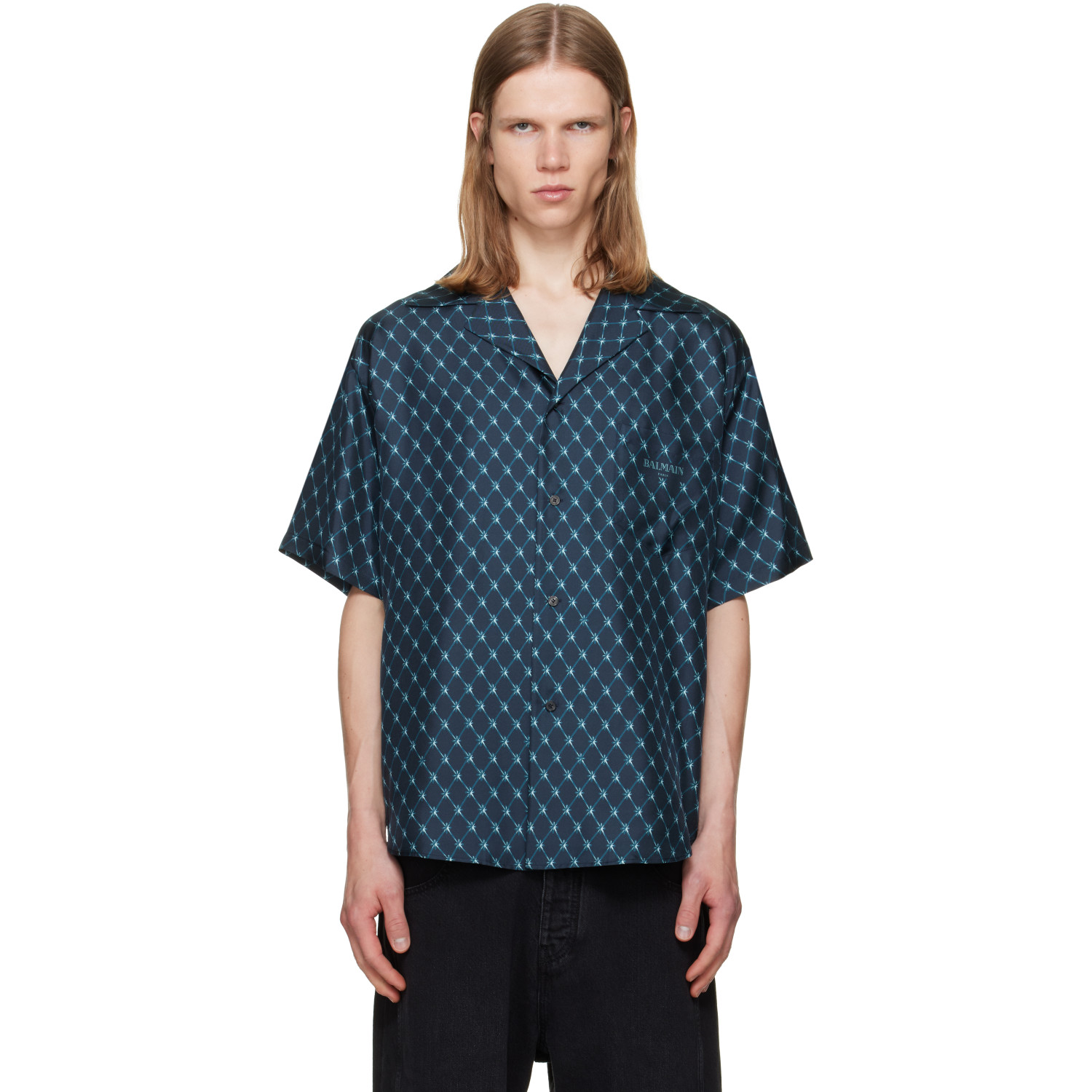 BALMAIN Navy Grid Print Silk Loose S/S Shirt