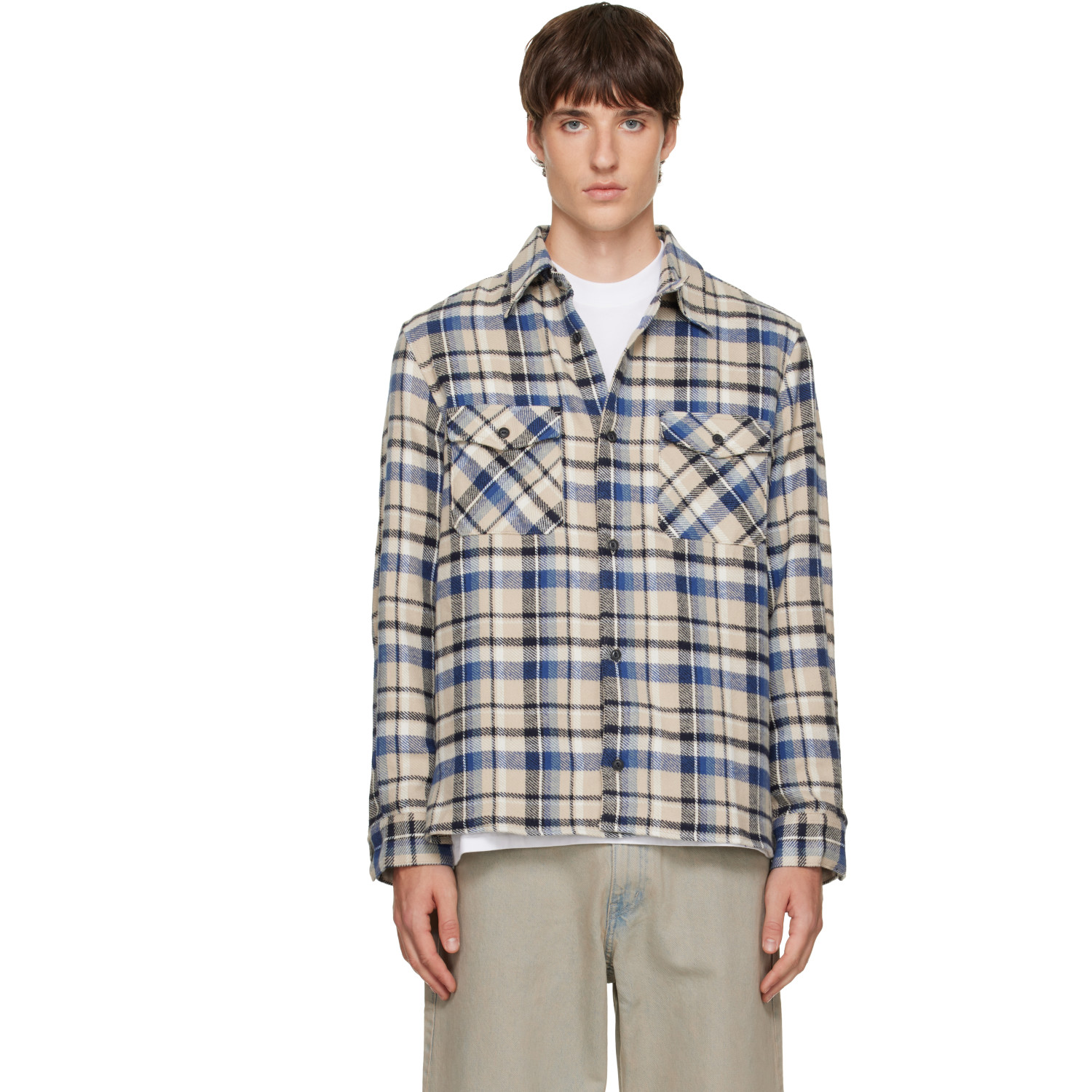 TONYWACK Beige & Blue Checked Cotton Flannel Shirt