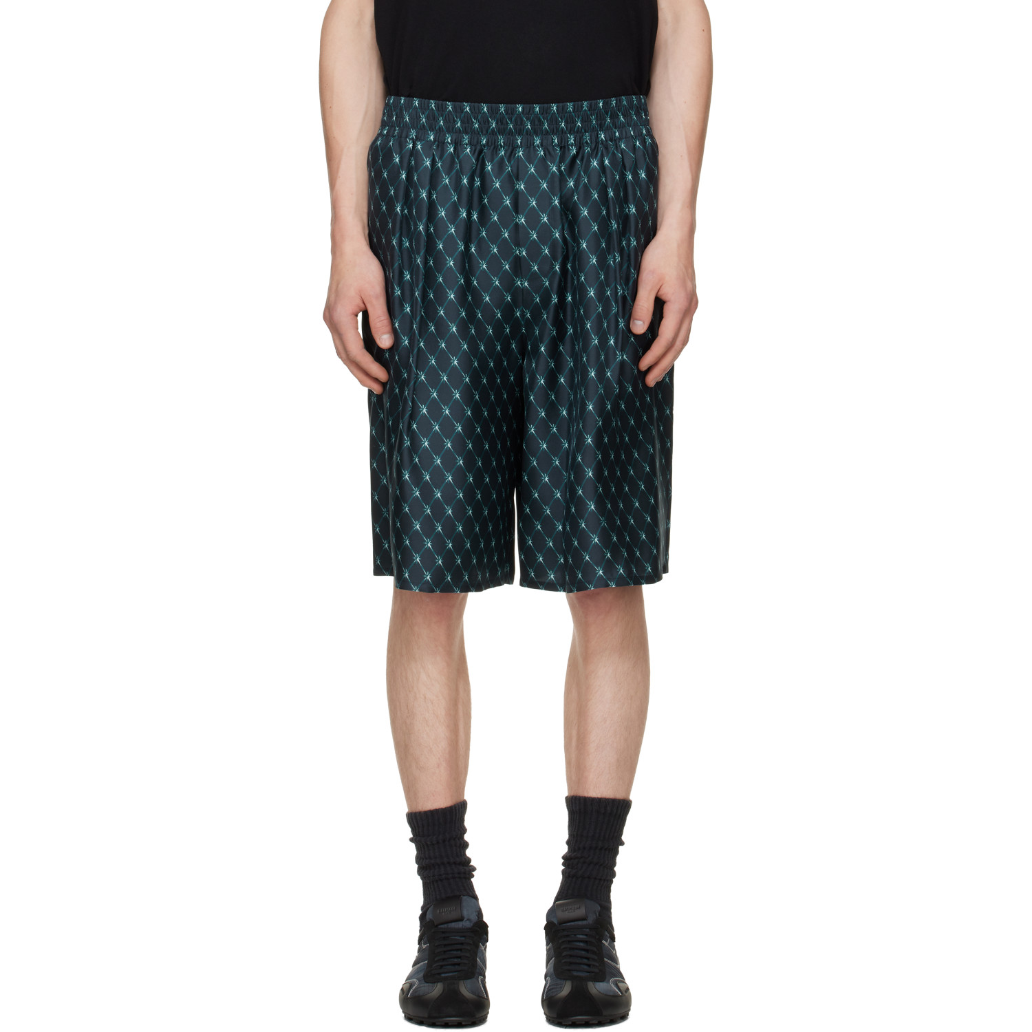 BALMAIN Blue Grid Print Silk Loose Pyjama Shorts