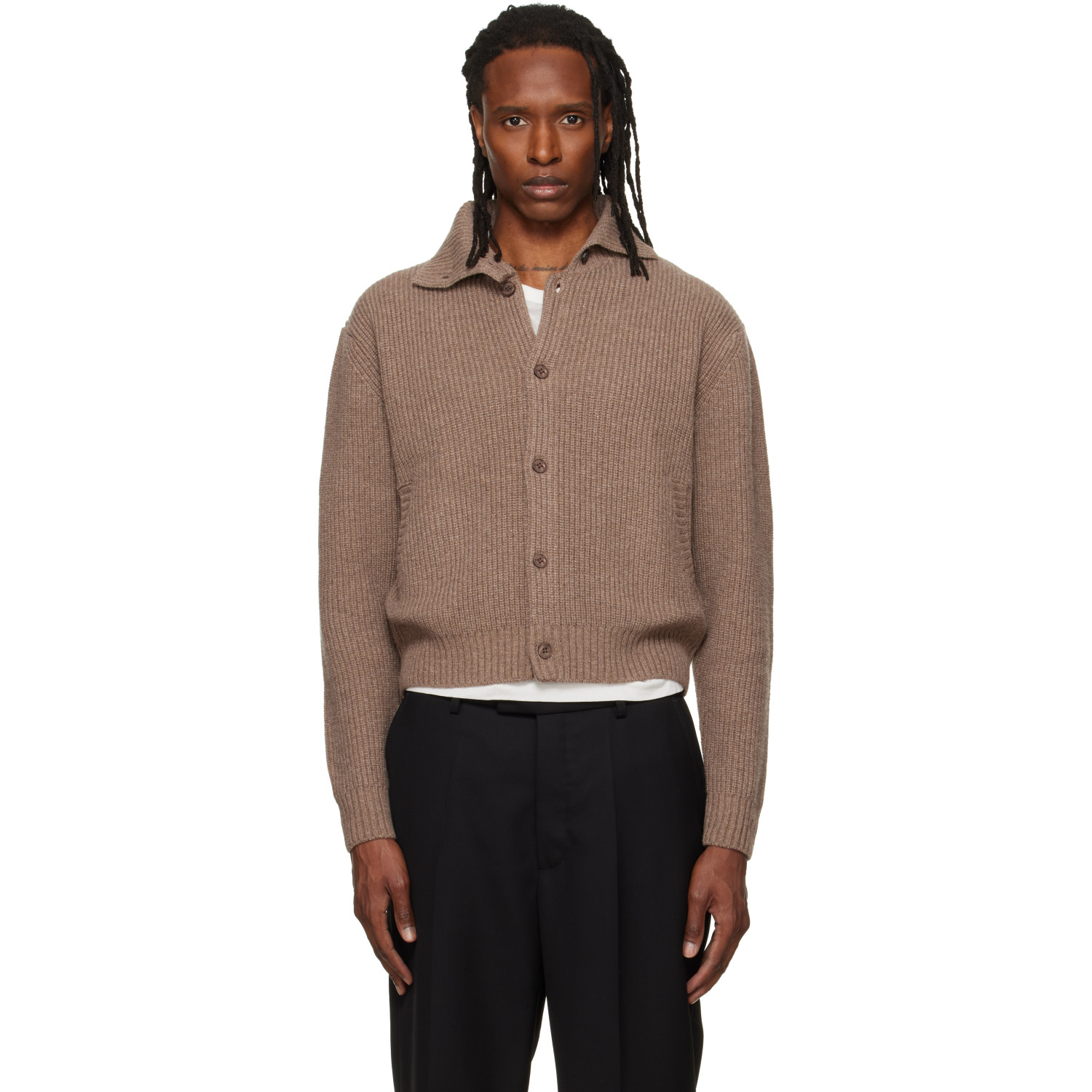 TONYWACK Beige High Neck Merino Wool Cardigan
